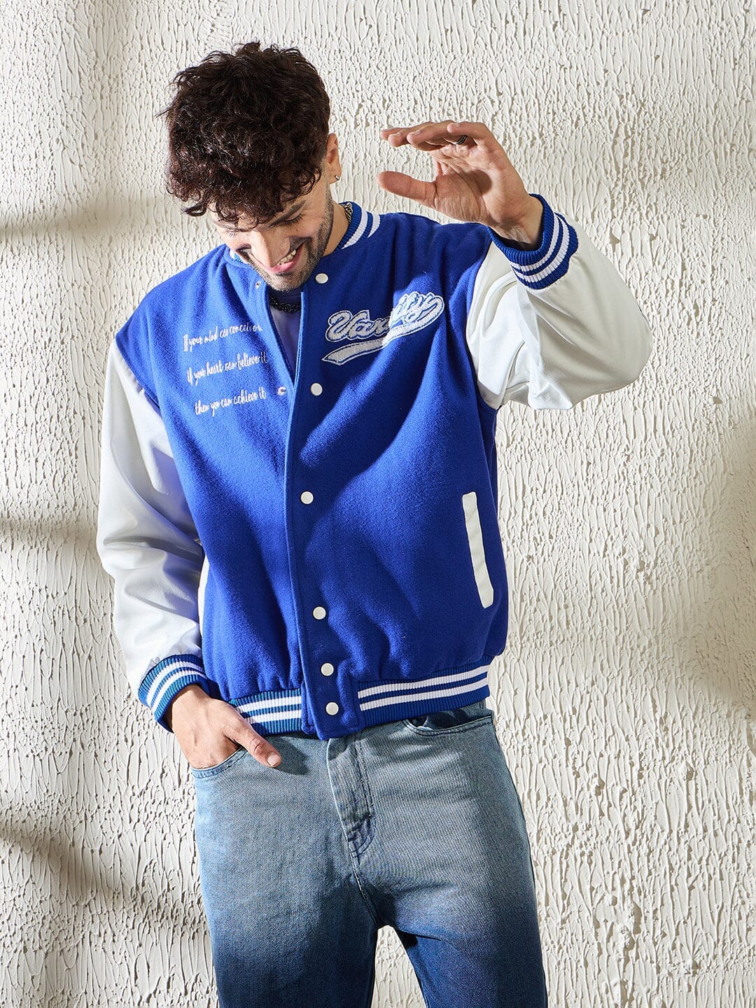 Blue Royal Blue Statement Woollen Varsity Jacket