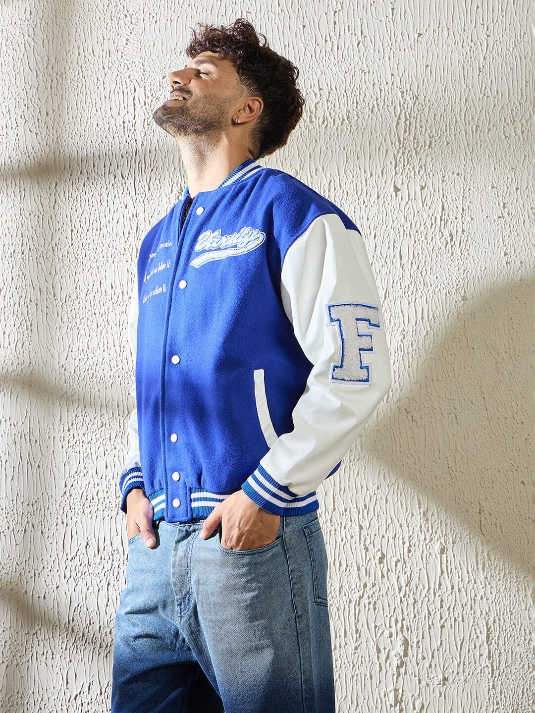 Blue Royal Blue Statement Woollen Varsity Jacket