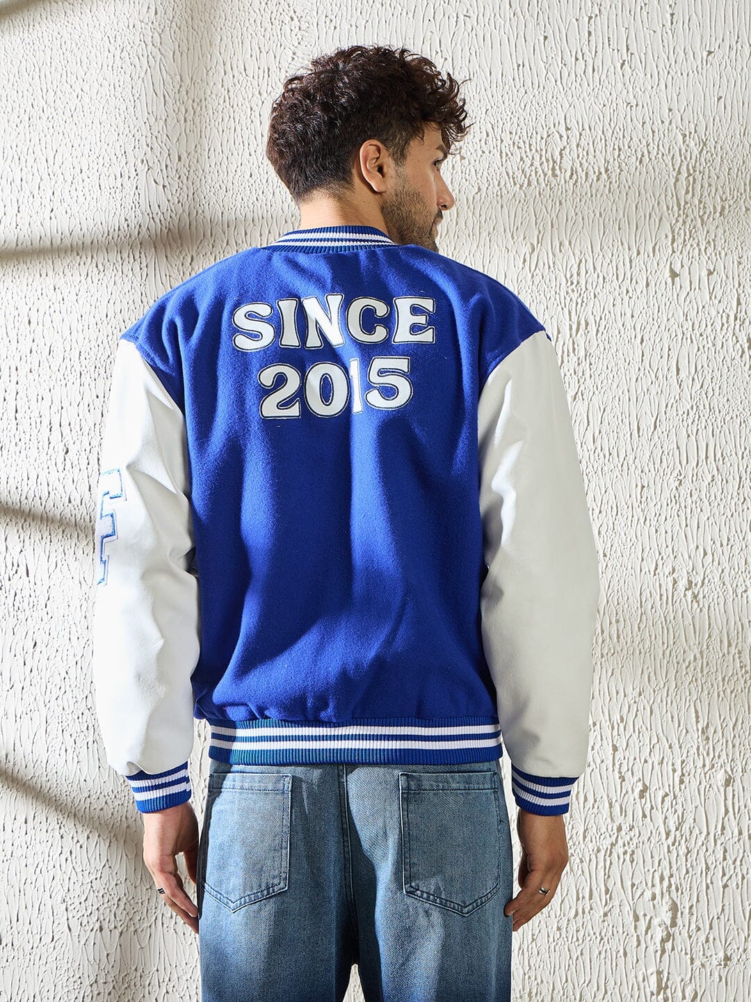 Blue Royal Blue Statement Woollen Varsity Jacket