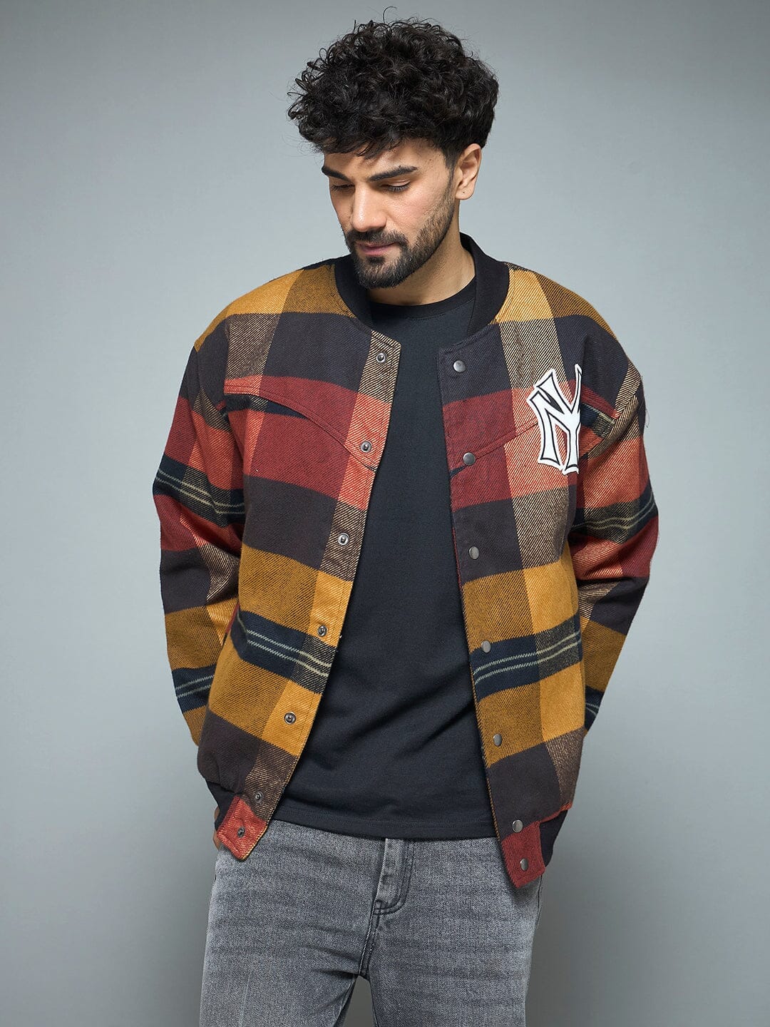 Monogram Red Checkered NY Monogram Flannel Bomber Jacket