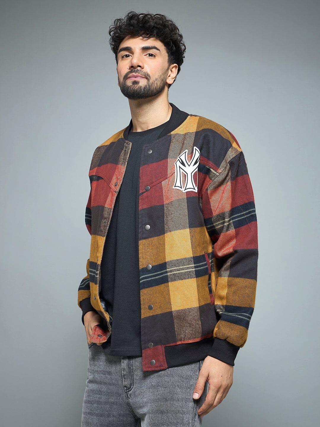 Monogram Red Checkered NY Monogram Flannel Bomber Jacket