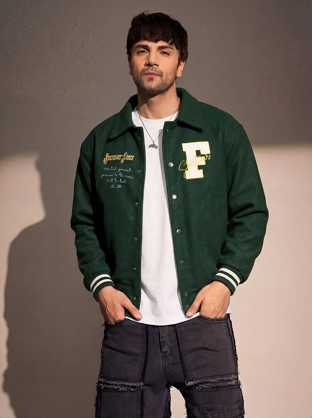 Fugazee Green Statement Woollen Sleeves Varsity Jacket