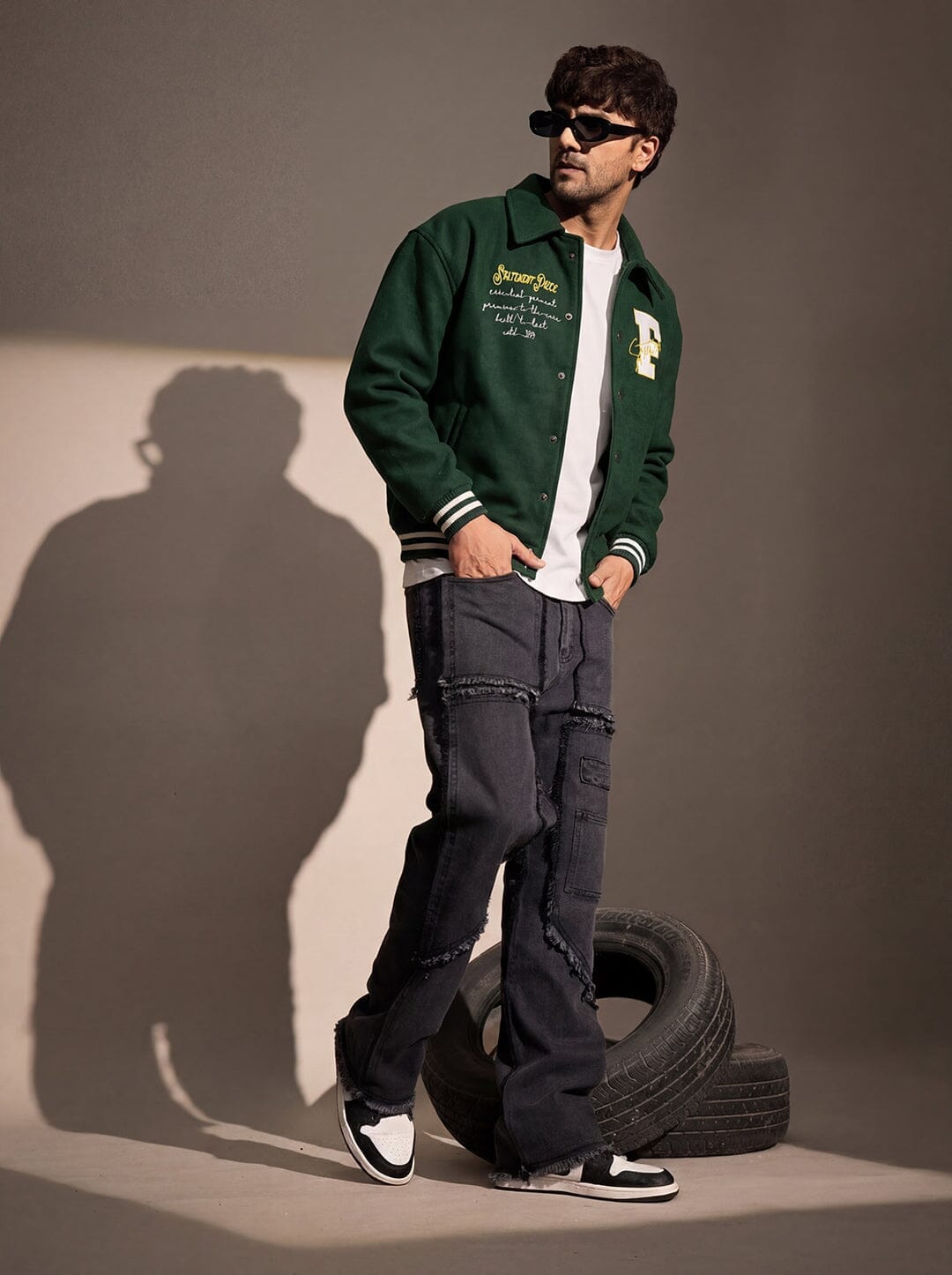 Fugazee Green Statement Woollen Sleeves Varsity Jacket