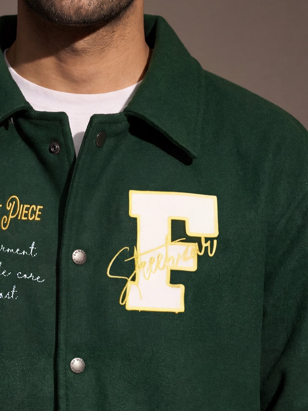 Fugazee Green Statement Woollen Sleeves Varsity Jacket