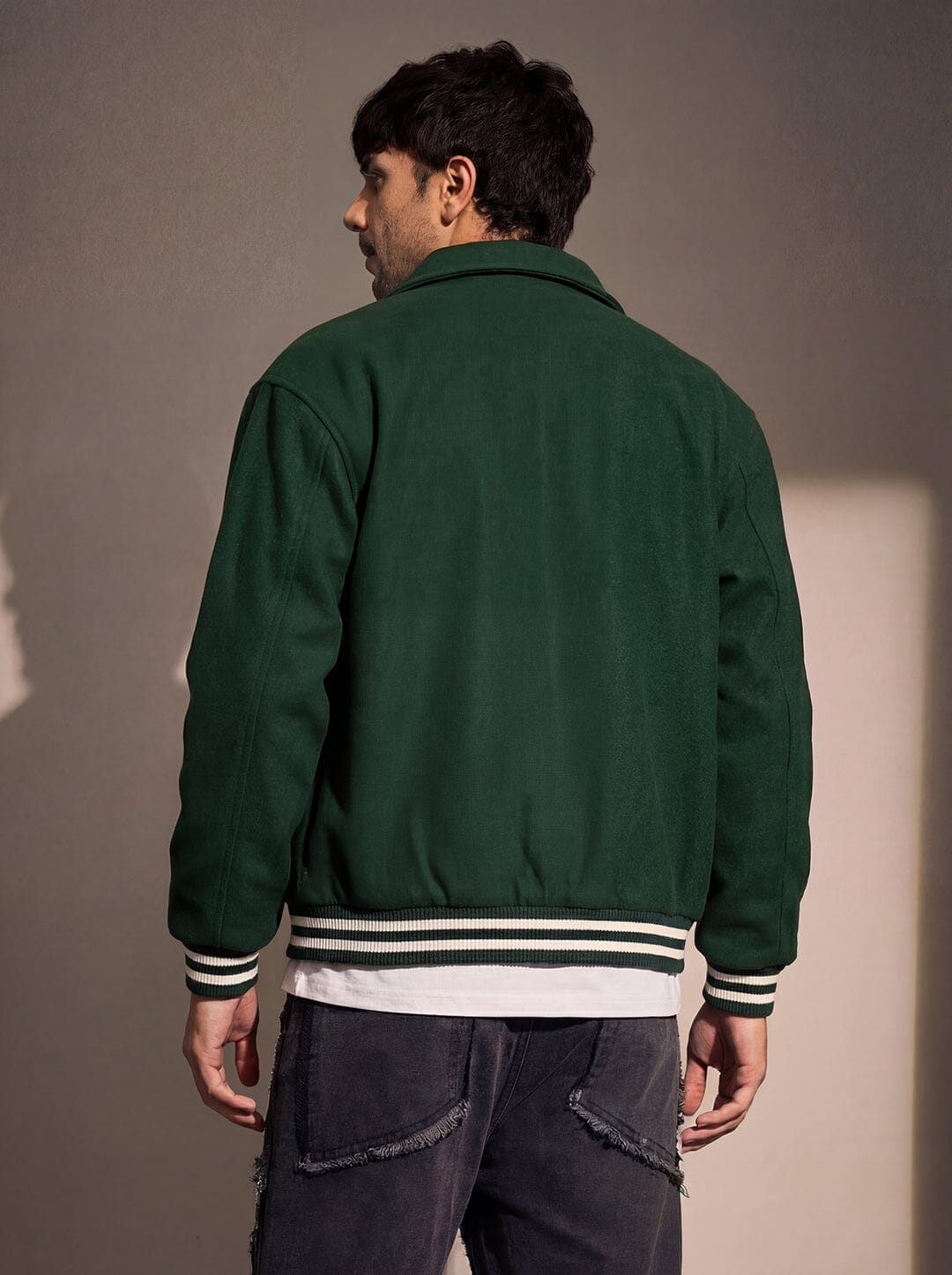 Fugazee Green Statement Woollen Sleeves Varsity Jacket