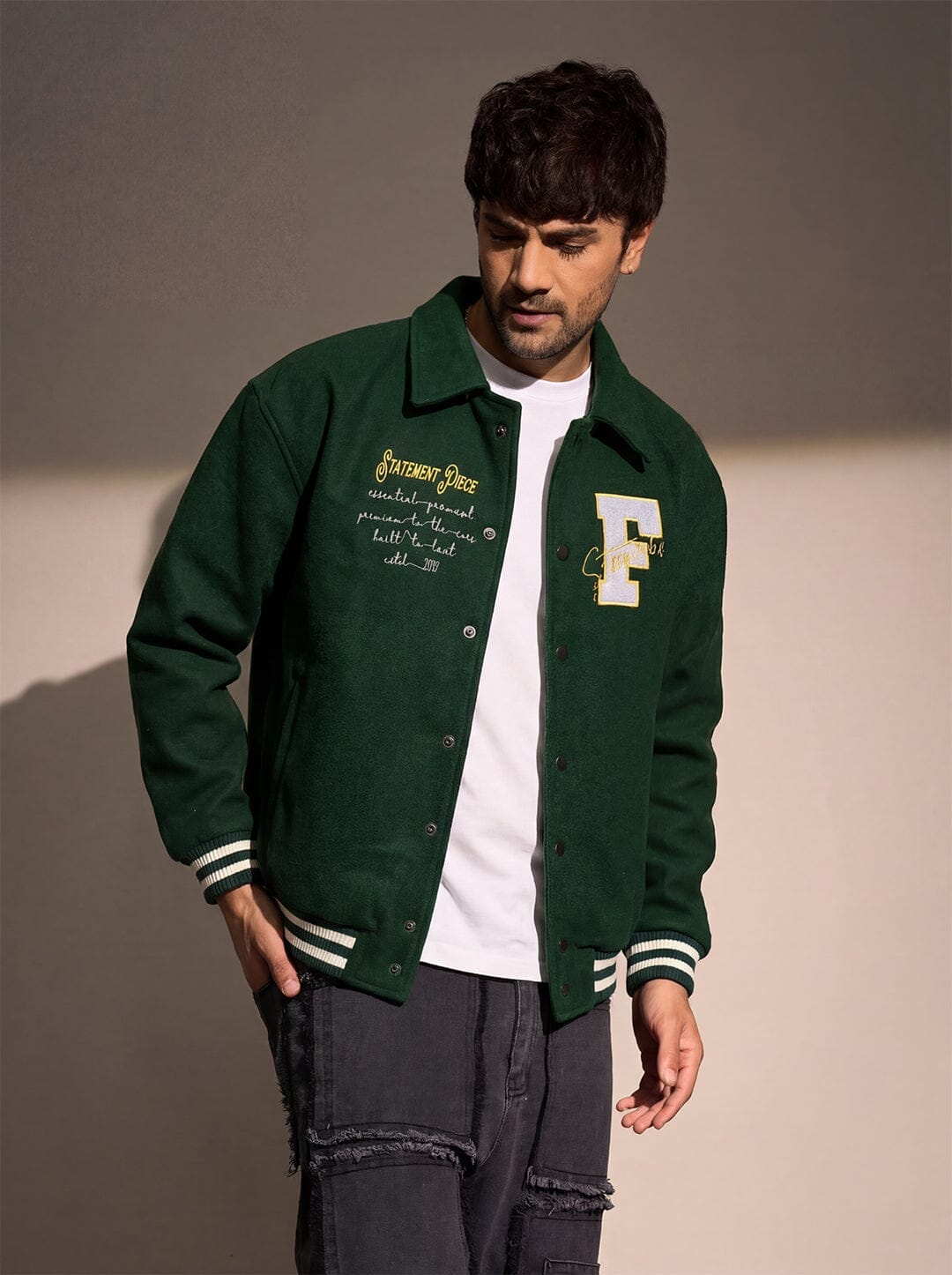 Fugazee Green Statement Woollen Sleeves Varsity Jacket