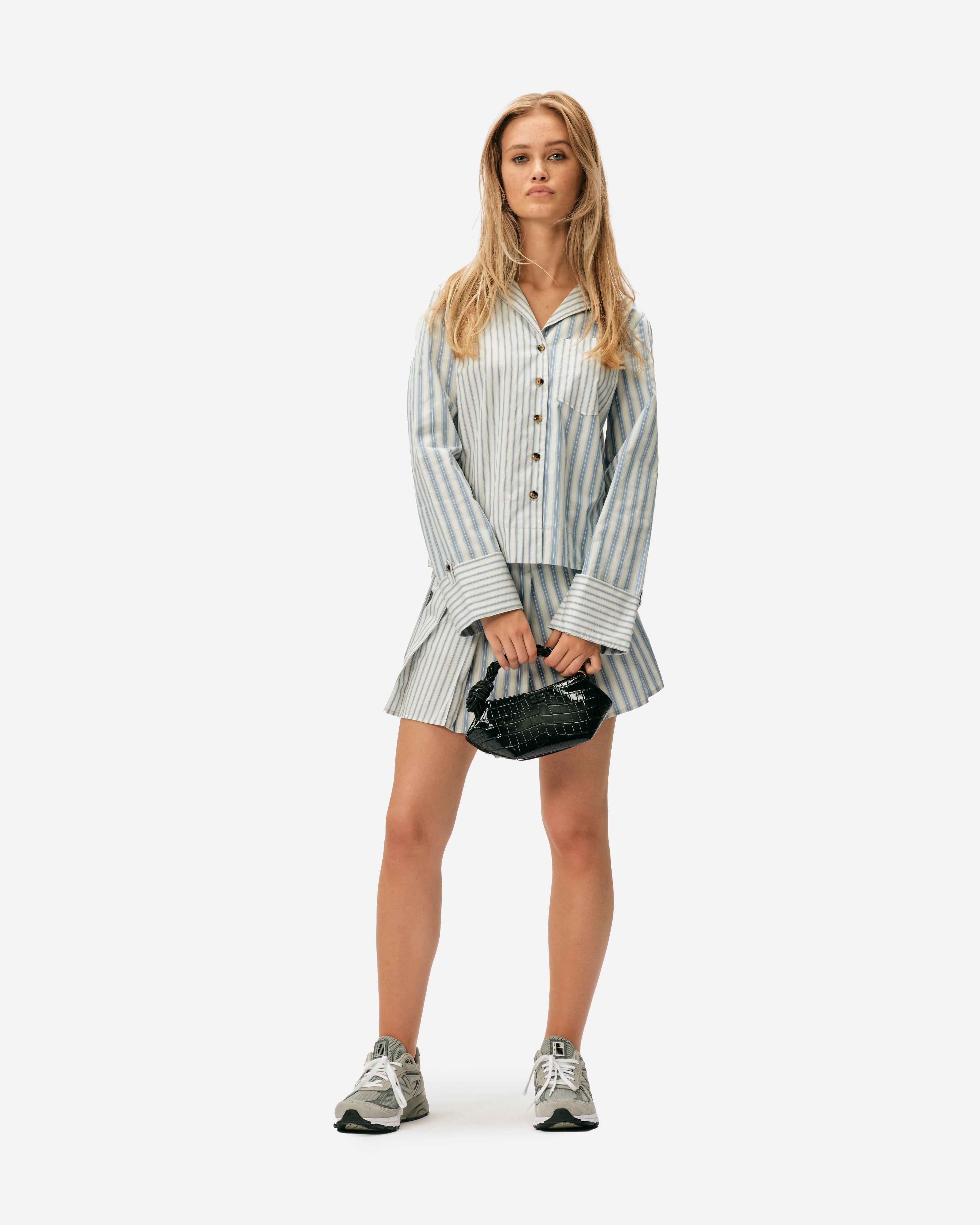 GANNI A/S Stripe Cotton Pleated Mini Skirt