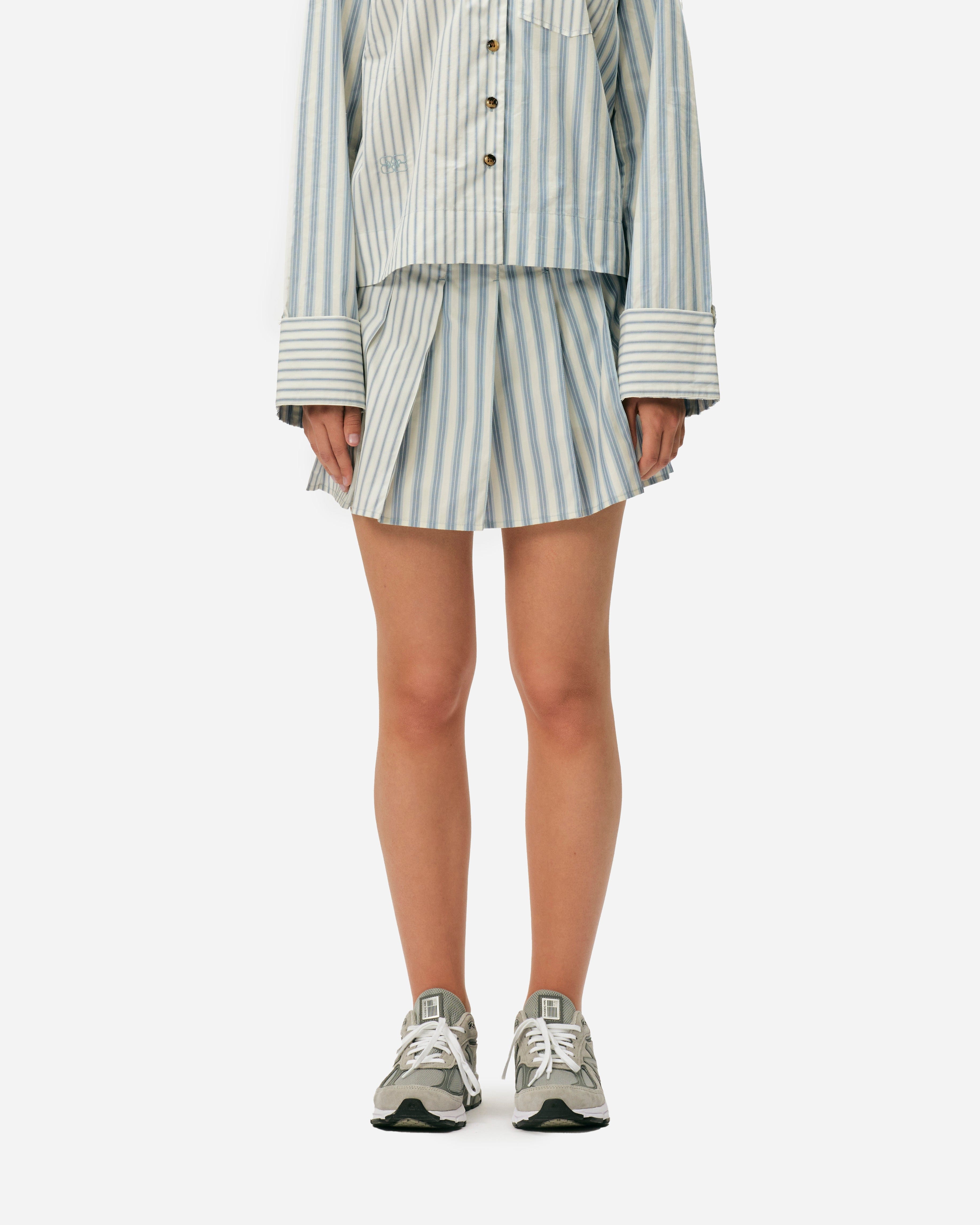 GANNI A/S Stripe Cotton Pleated Mini Skirt
