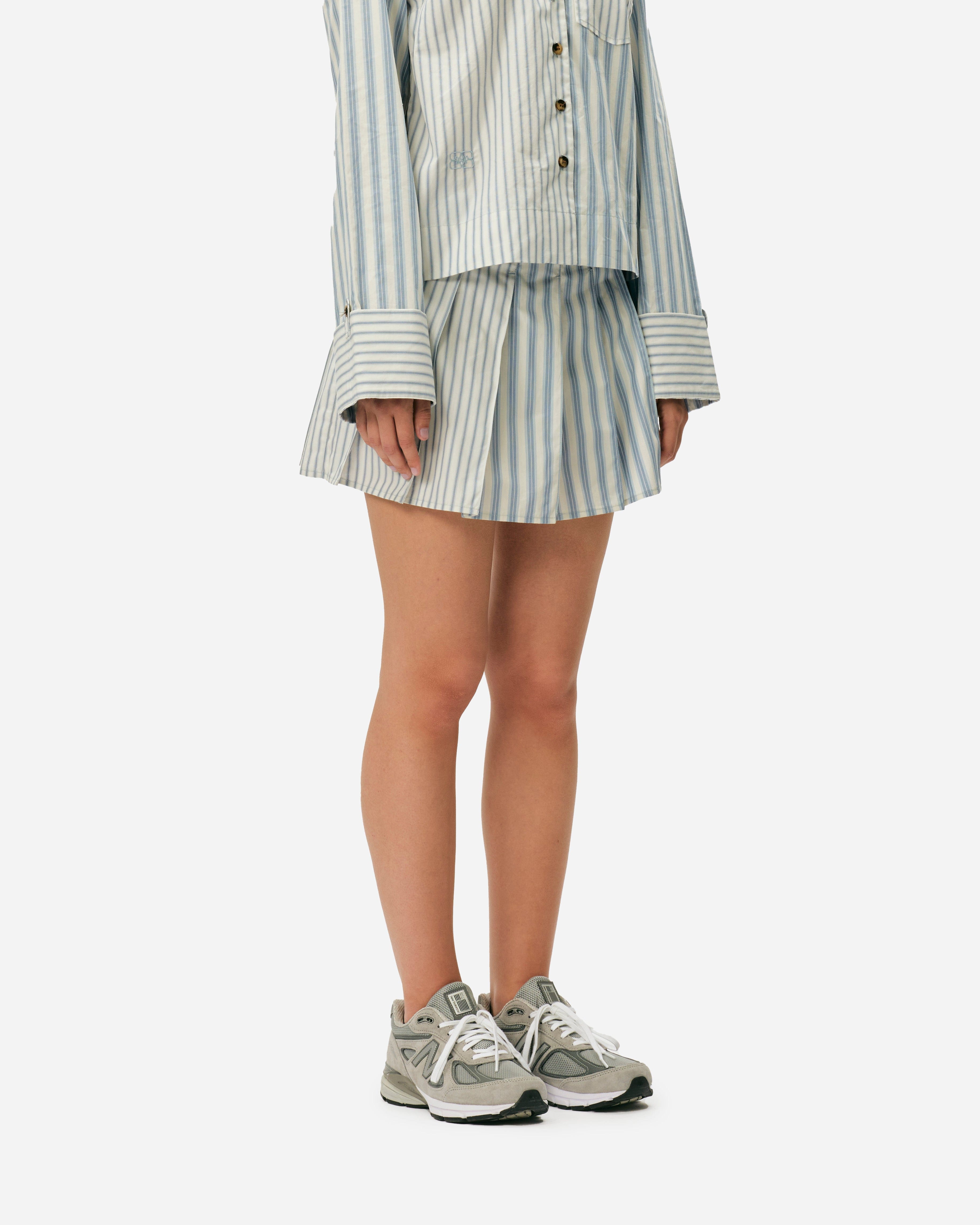 GANNI A/S Stripe Cotton Pleated Mini Skirt