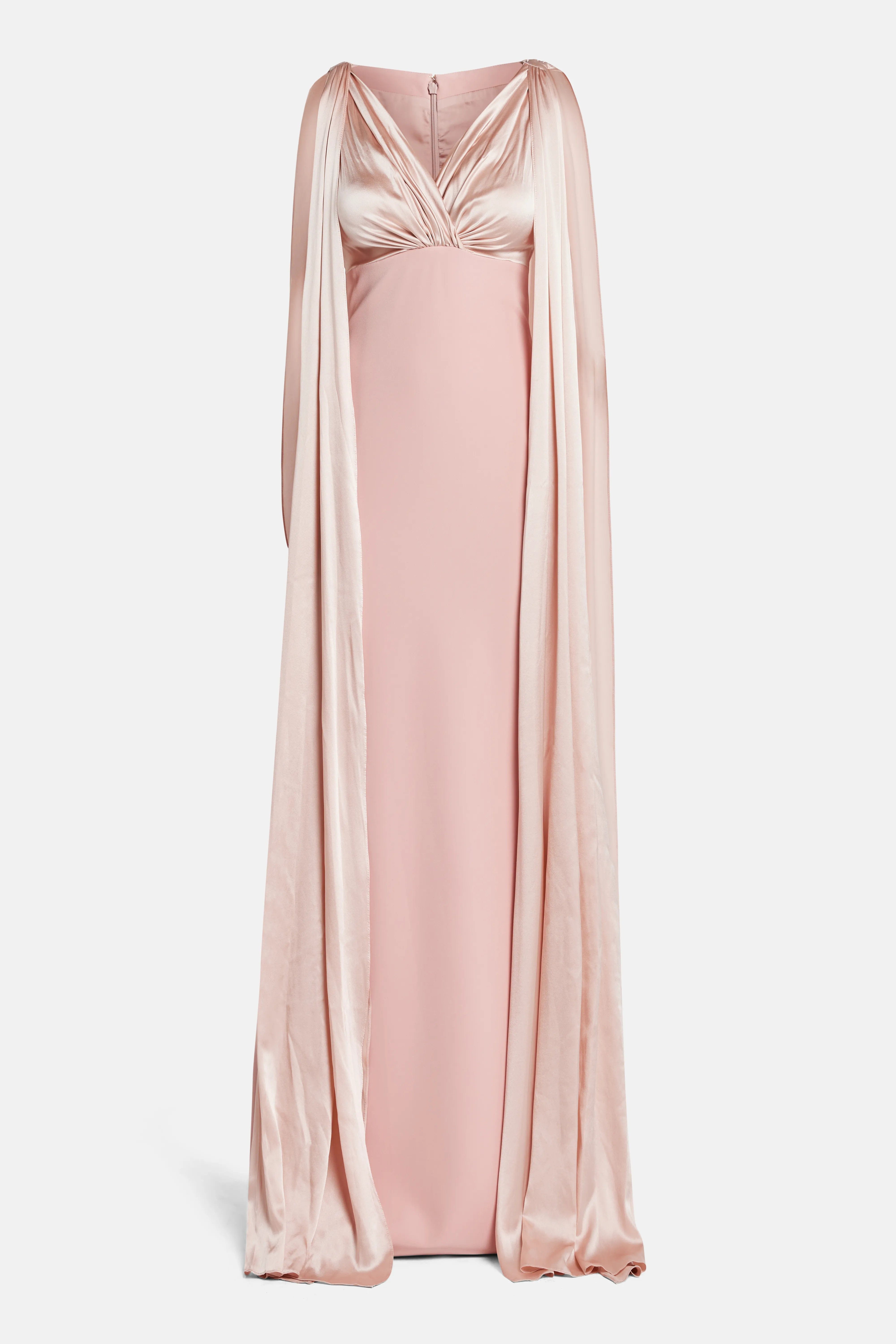 RHEA COSTA Aiman V Neck Cape Sleeves Evening Gown in PInk