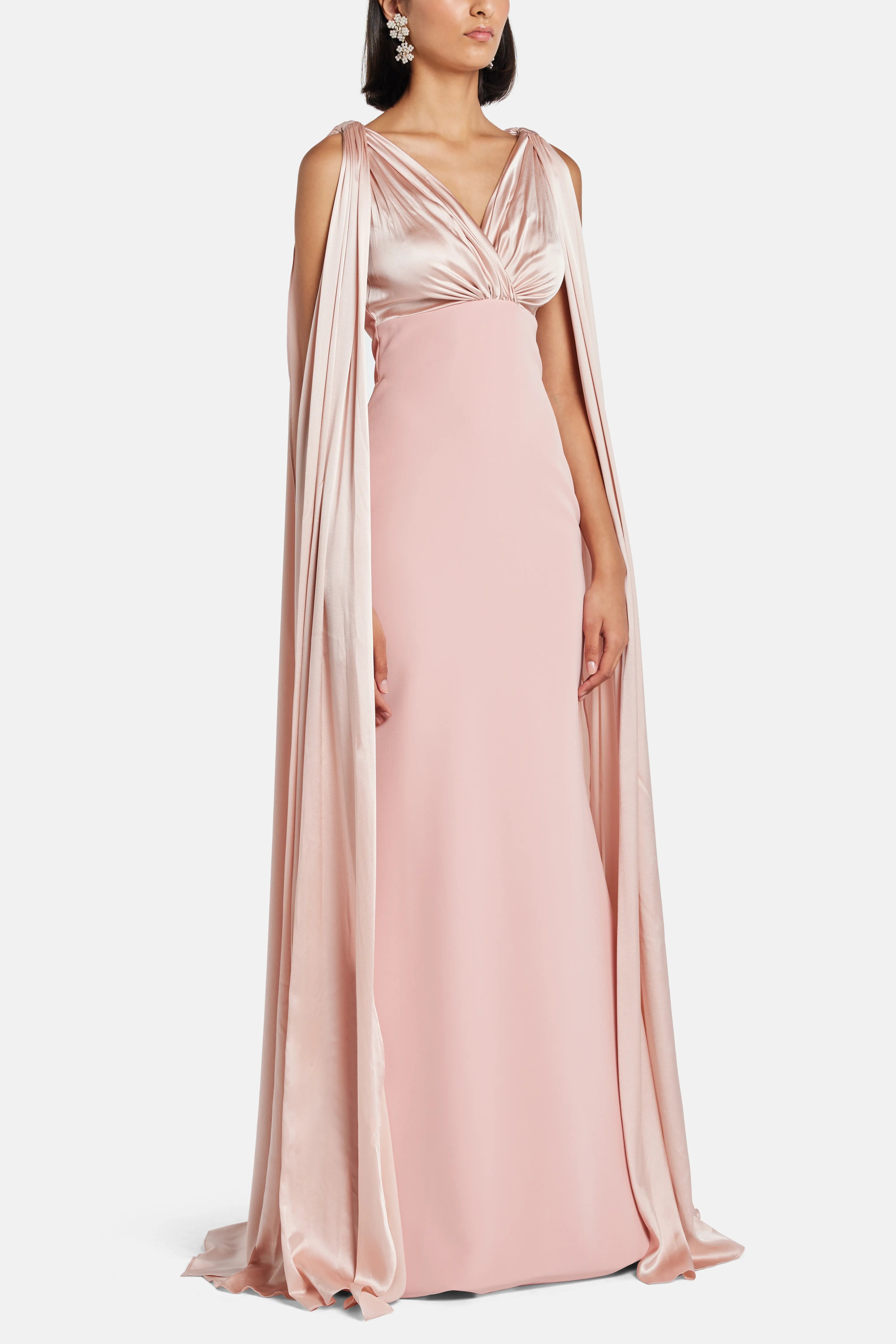 RHEA COSTA Aiman V Neck Cape Sleeves Evening Gown in PInk