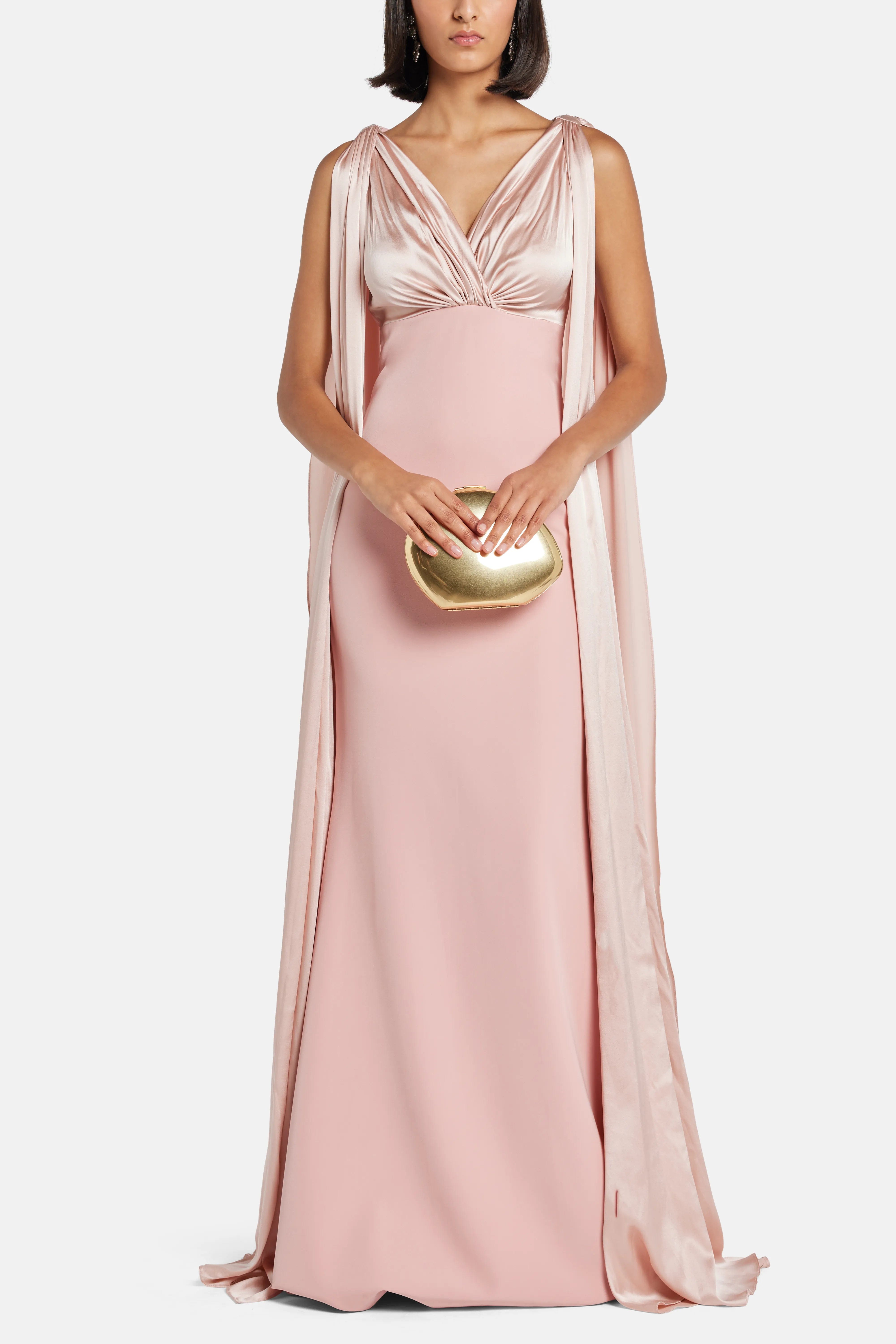RHEA COSTA Aiman V Neck Cape Sleeves Evening Gown in PInk