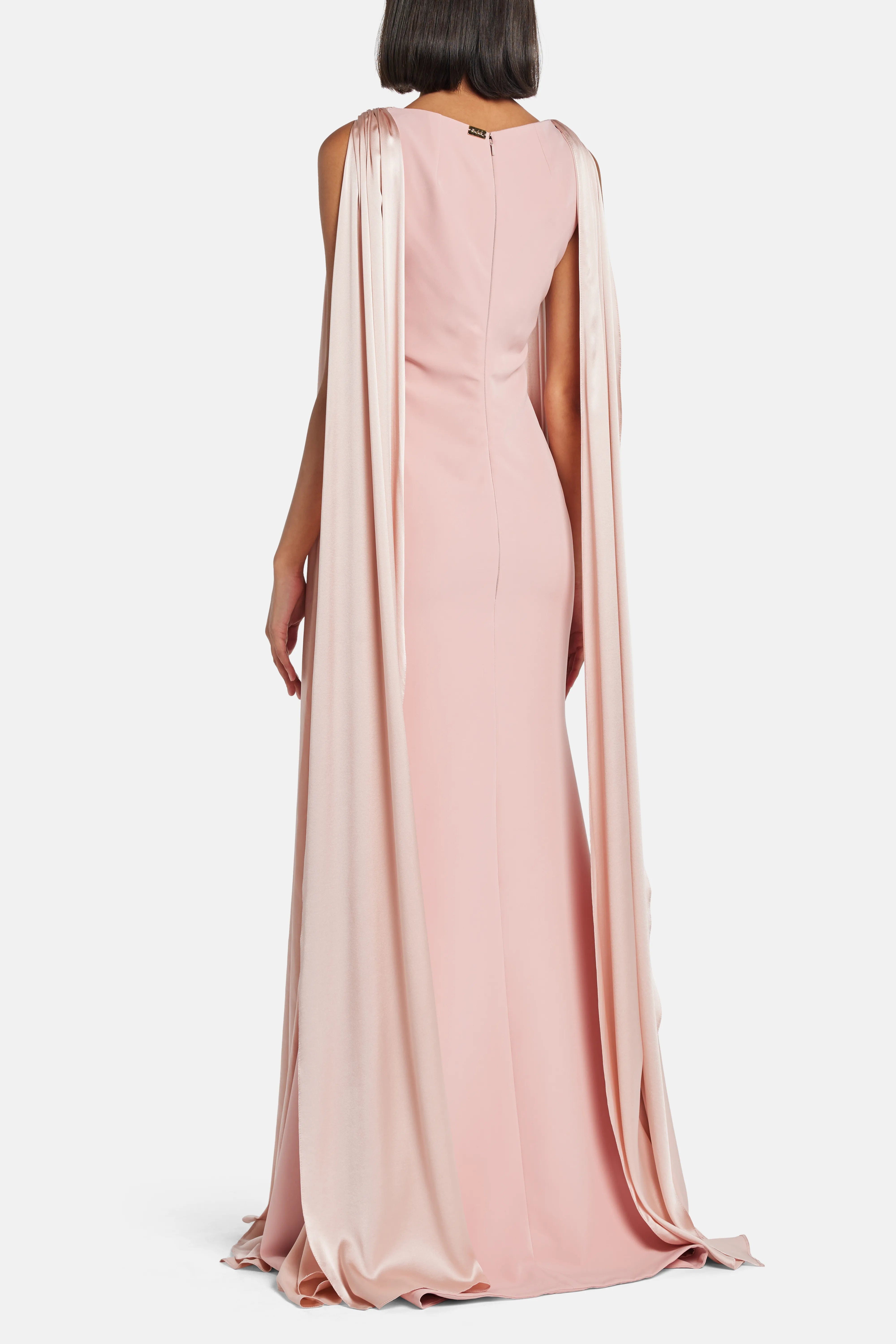 RHEA COSTA Aiman V Neck Cape Sleeves Evening Gown in PInk