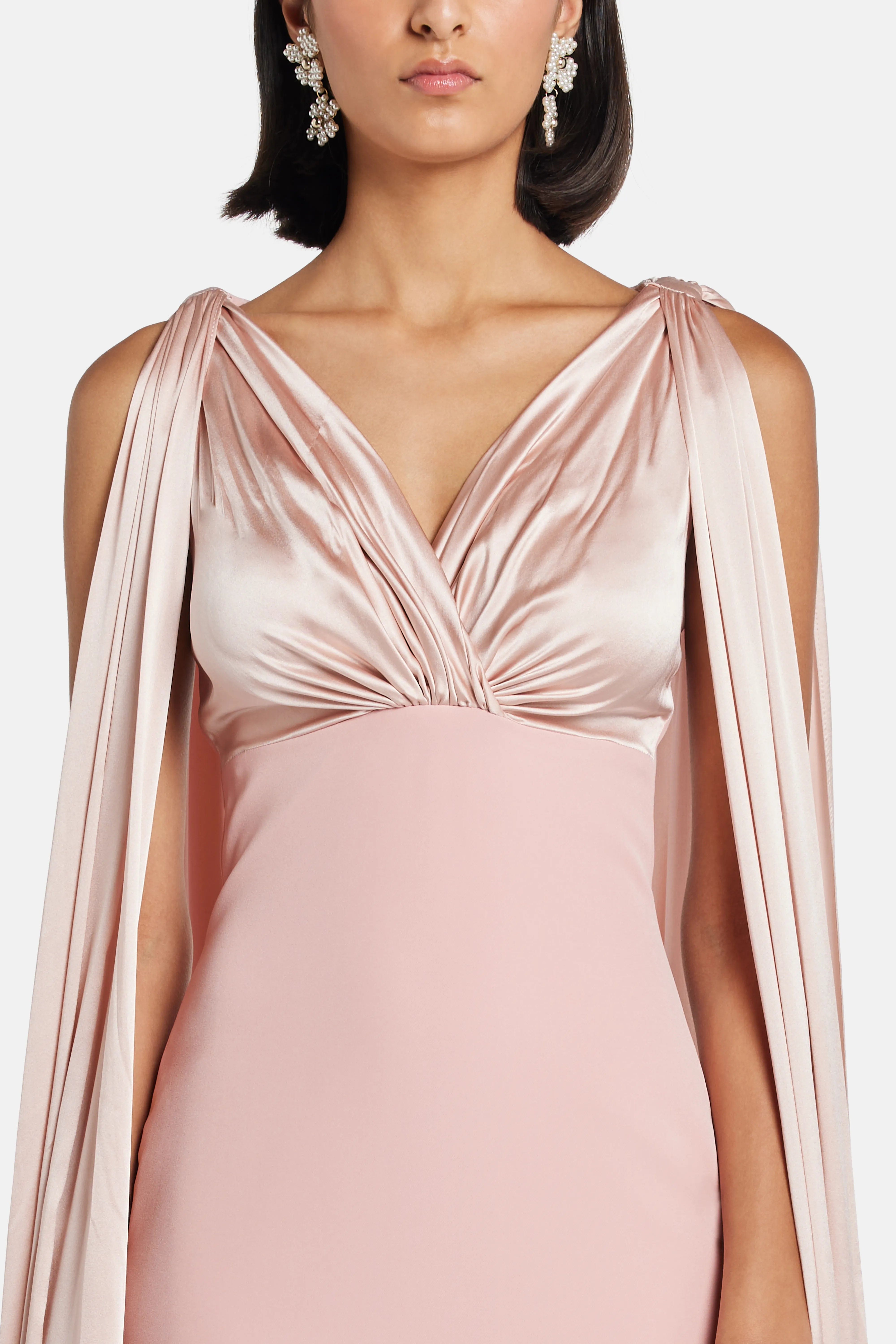 RHEA COSTA Aiman V Neck Cape Sleeves Evening Gown in PInk