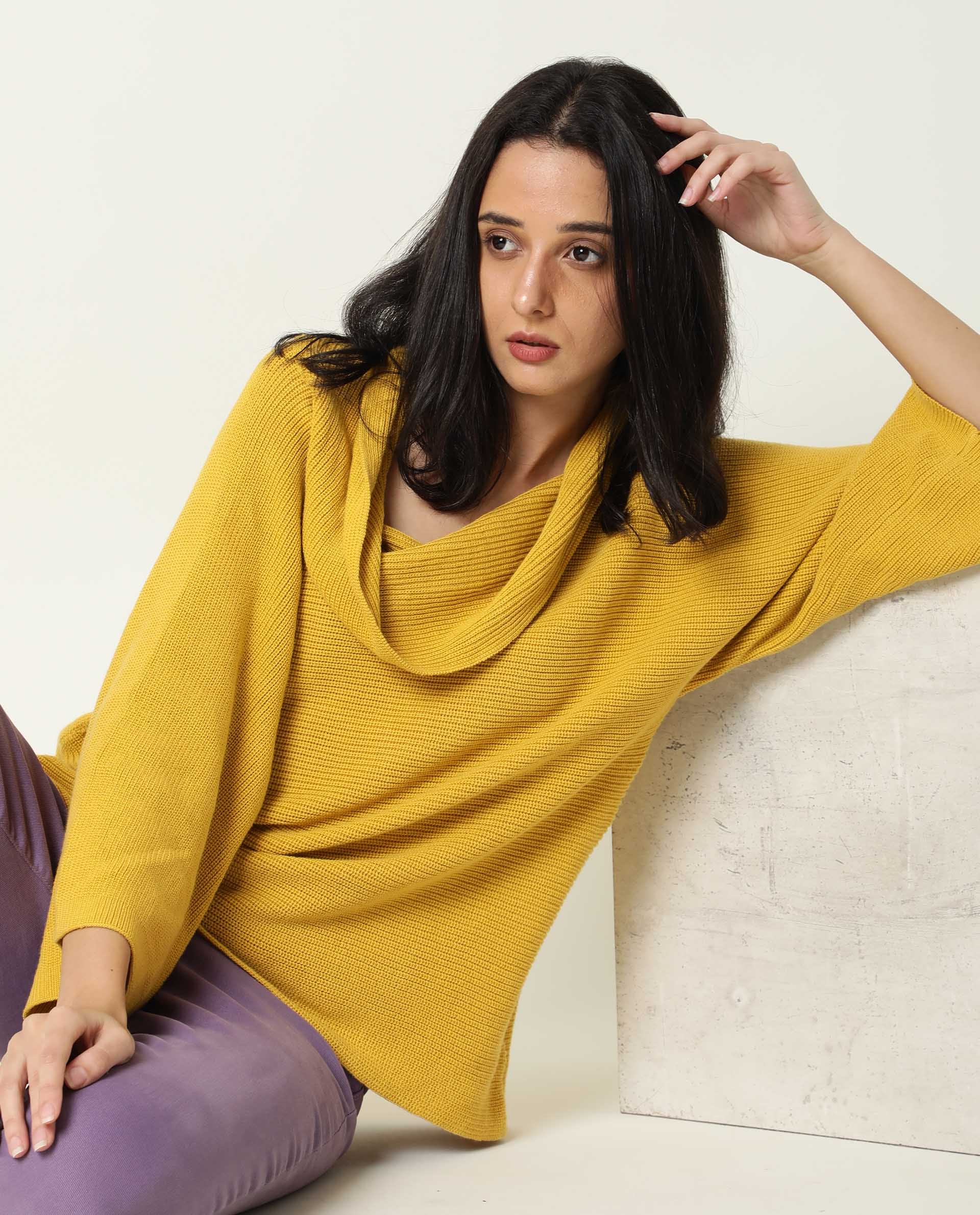 Rareism Women's Cleo Mustard Cowl Neck Plain Relaxed Fit Sweater
