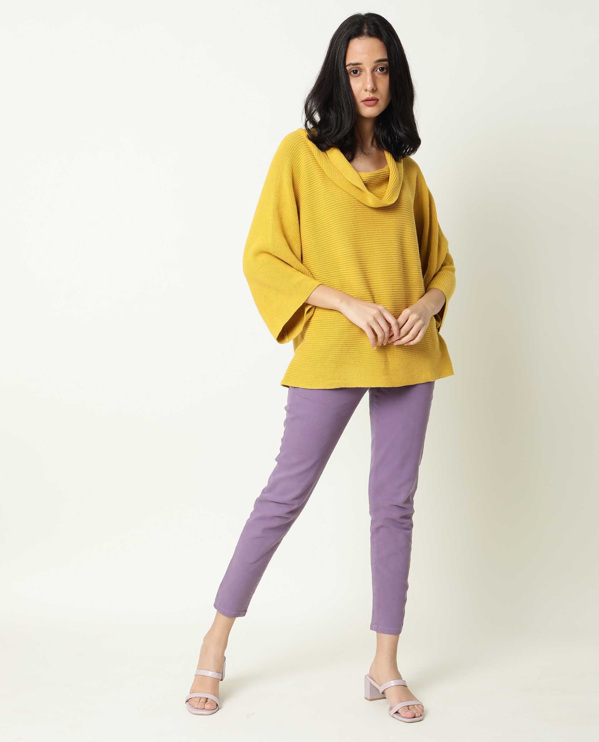 Rareism Women's Cleo Mustard Cowl Neck Plain Relaxed Fit Sweater