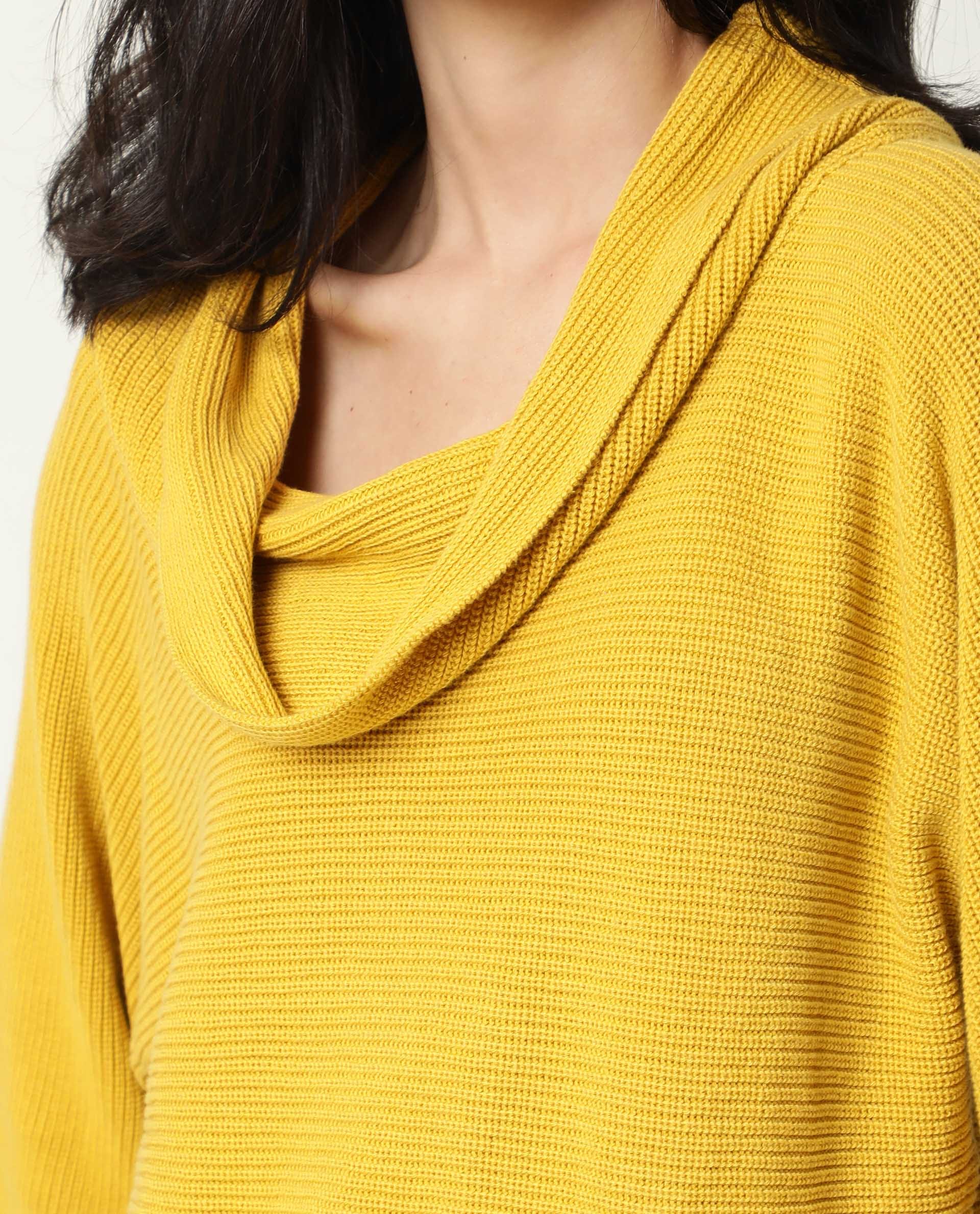 Rareism Women's Cleo Mustard Cowl Neck Plain Relaxed Fit Sweater