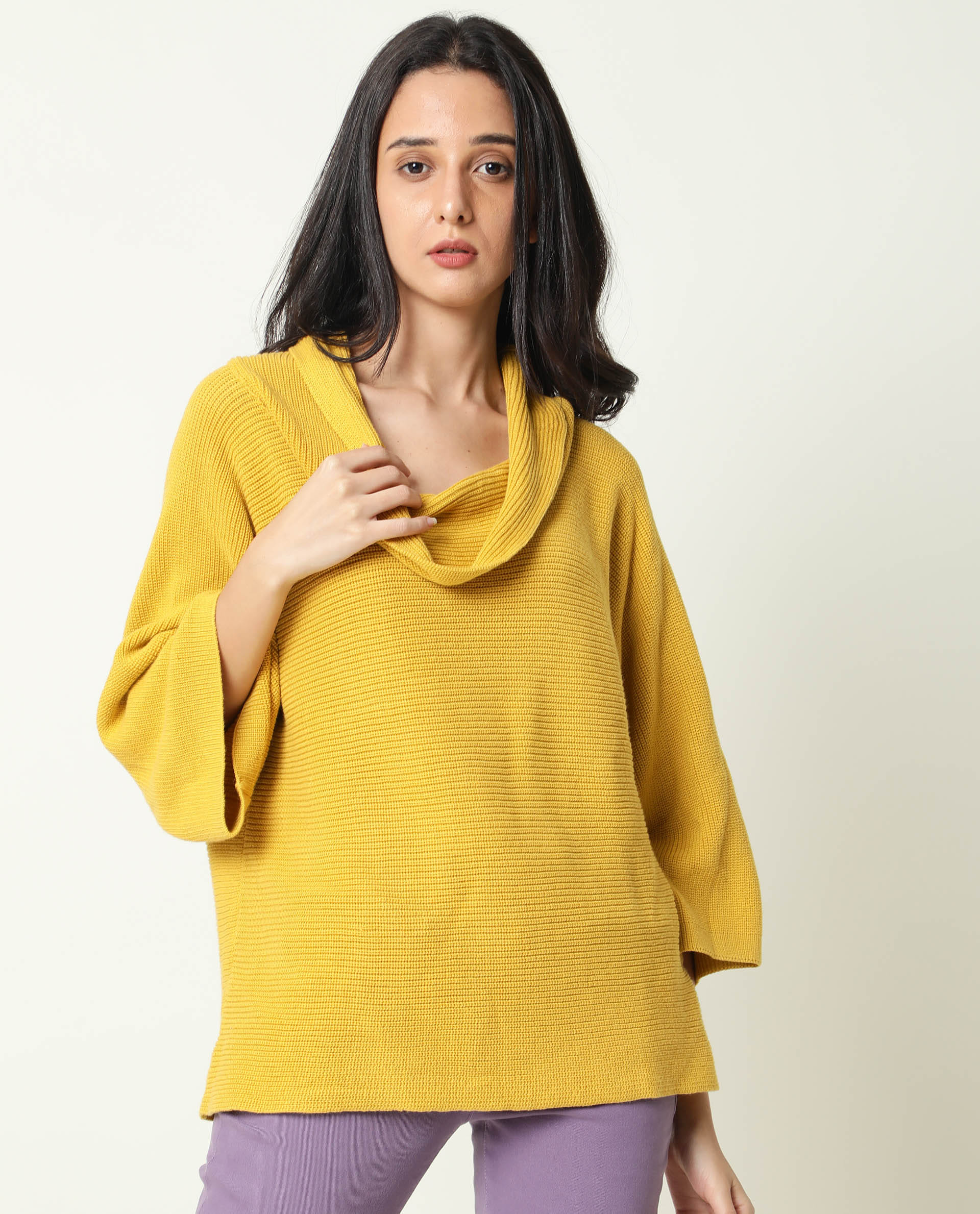 Rareism Women's Cleo Mustard Cowl Neck Plain Relaxed Fit Sweater