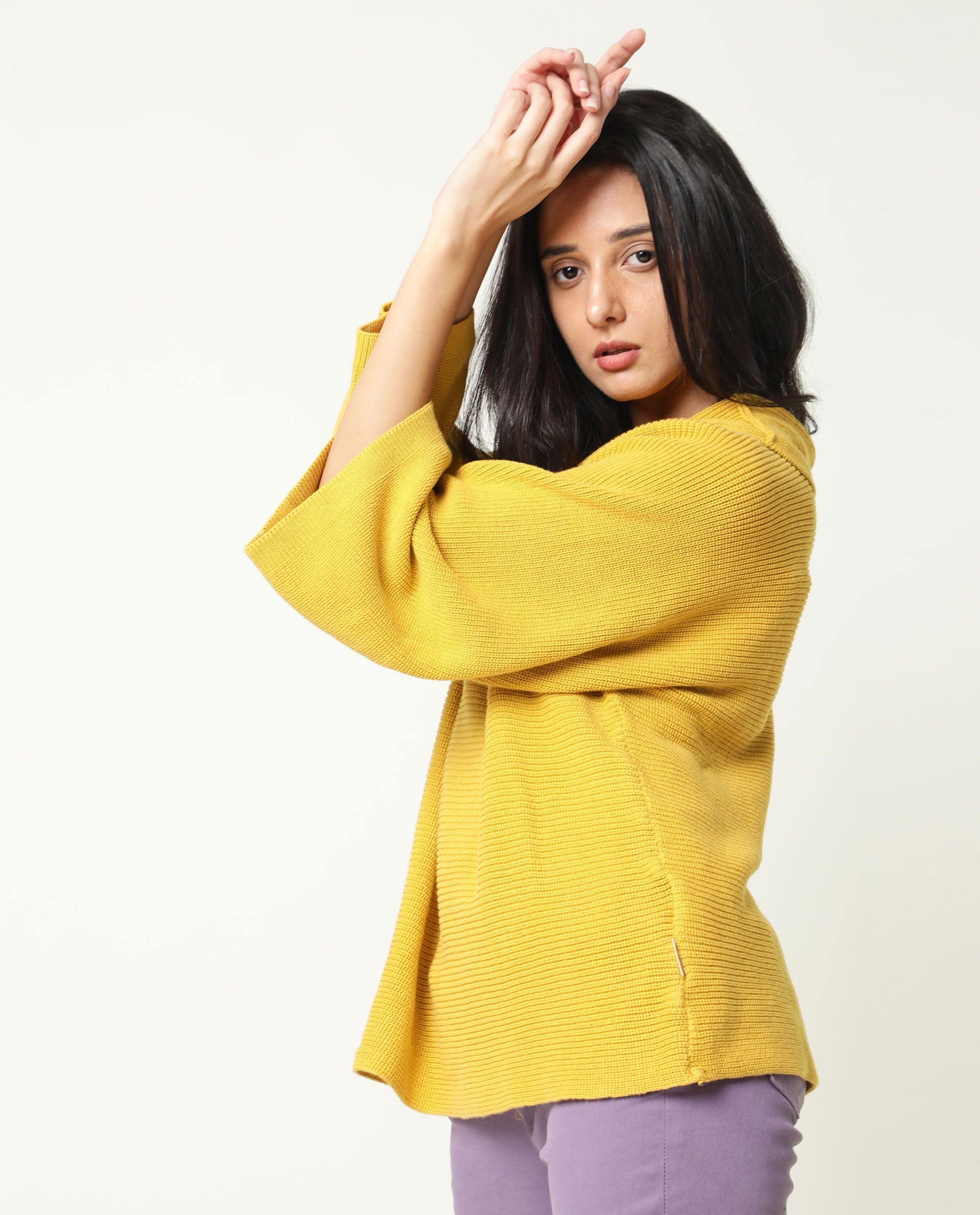 Rareism Women's Cleo Mustard Cowl Neck Plain Relaxed Fit Sweater