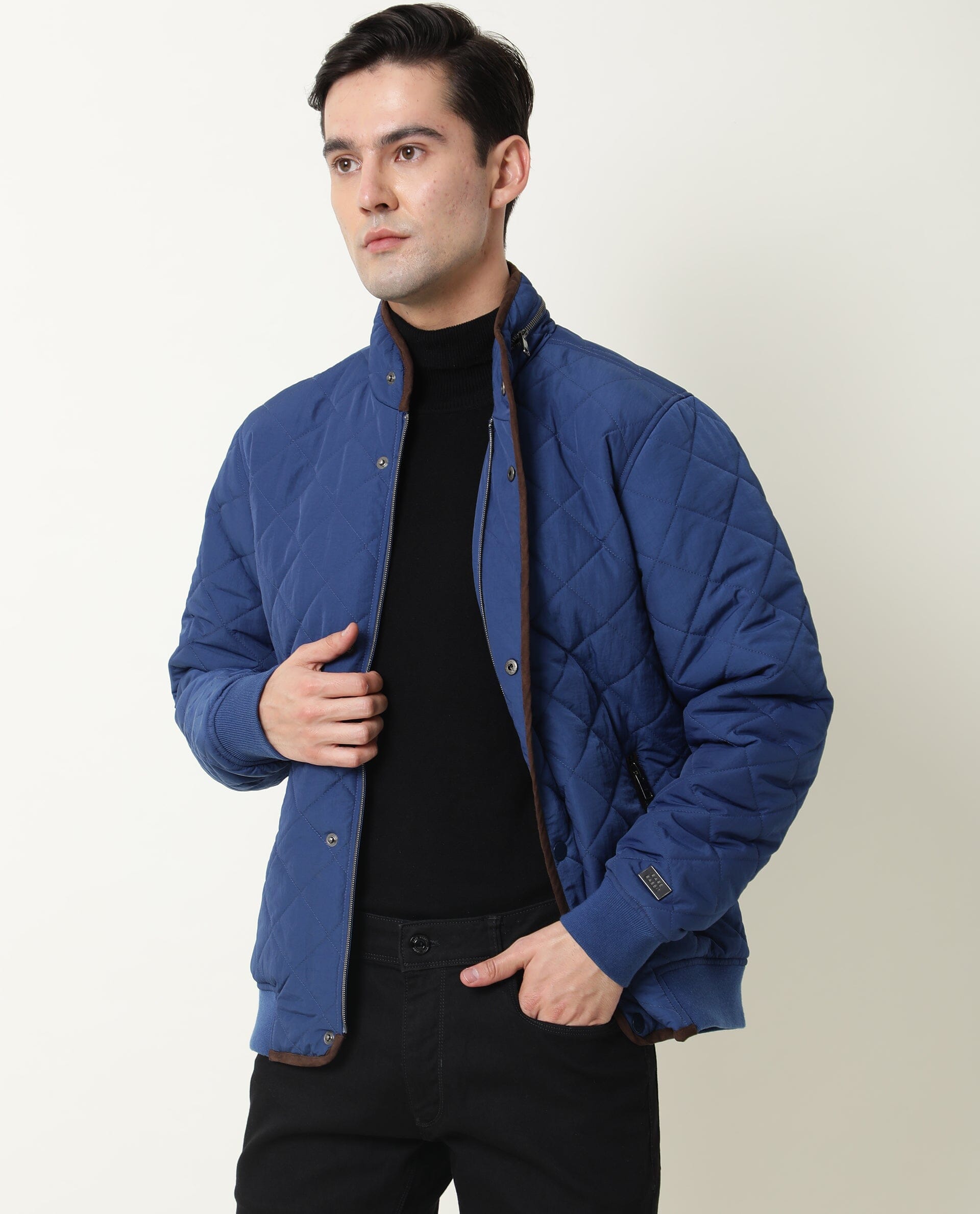 RARE Rabbit Men's Krul Teal Nylon Plain Regular Fit Full Sleeve Mandarin Collar Jacket
