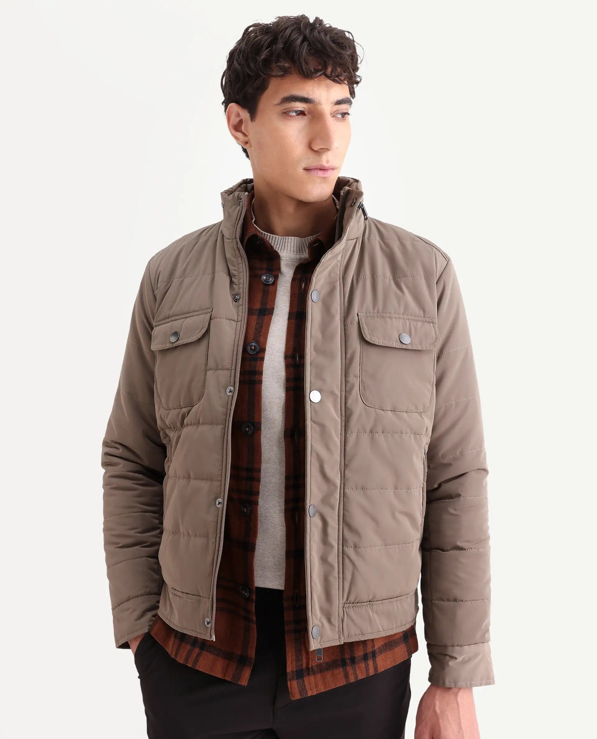 RARE Rabbit Men's Anbr Khaki Polyester Plain Relaxed Fit Full Sleeve Spread Collar Jacket