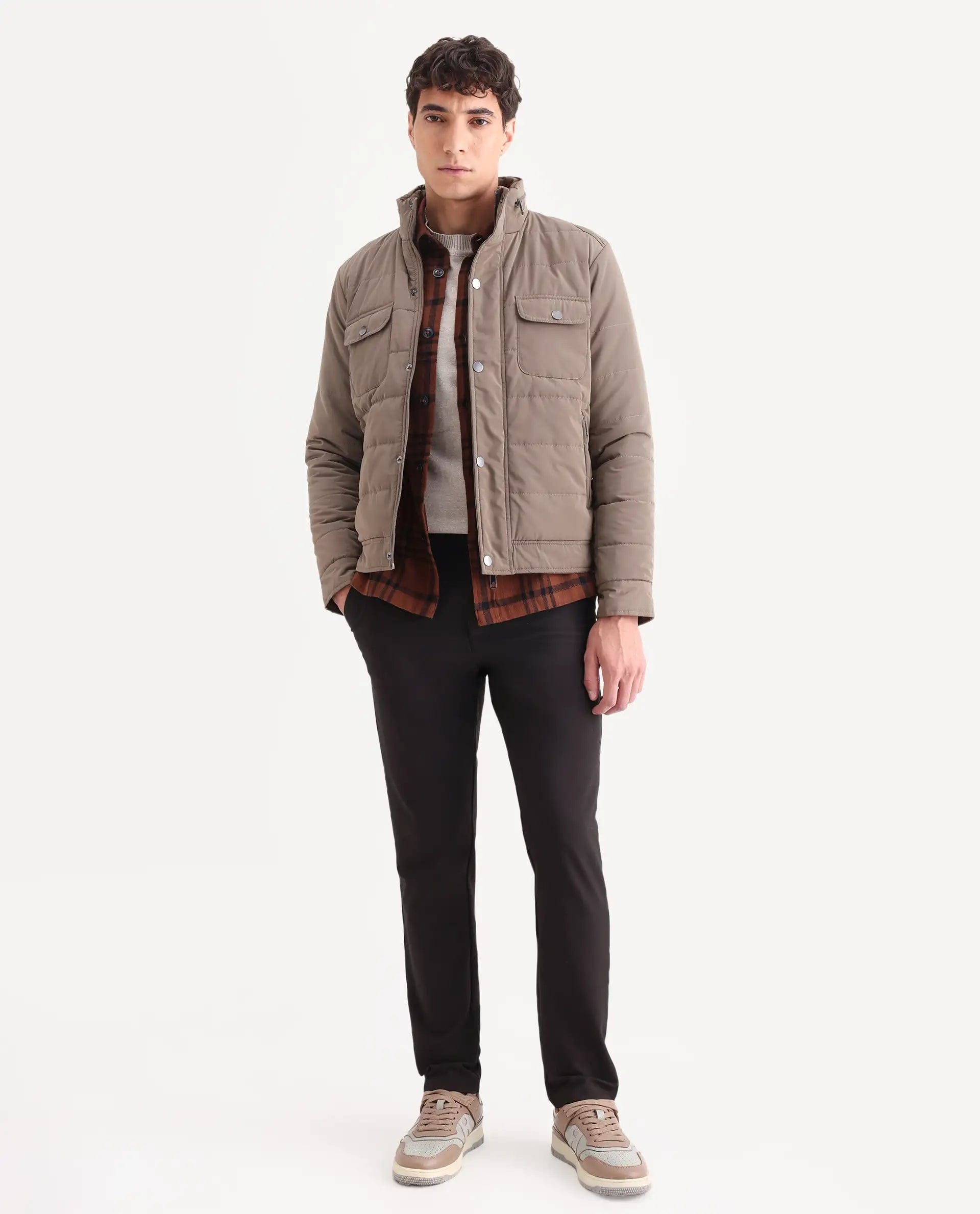 RARE Rabbit Men's Anbr Khaki Polyester Plain Relaxed Fit Full Sleeve Spread Collar Jacket