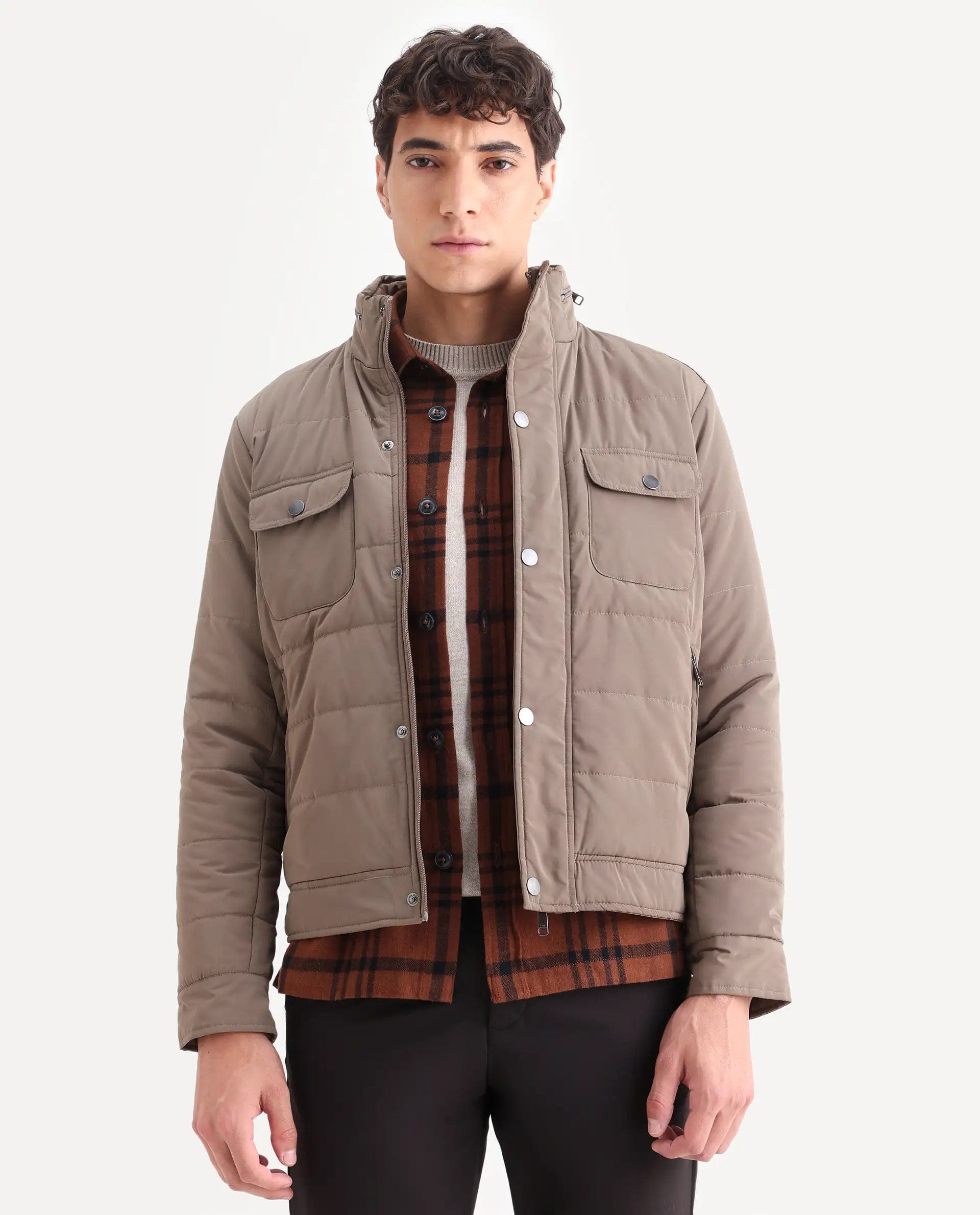 RARE Rabbit Men's Anbr Khaki Polyester Plain Relaxed Fit Full Sleeve Spread Collar Jacket