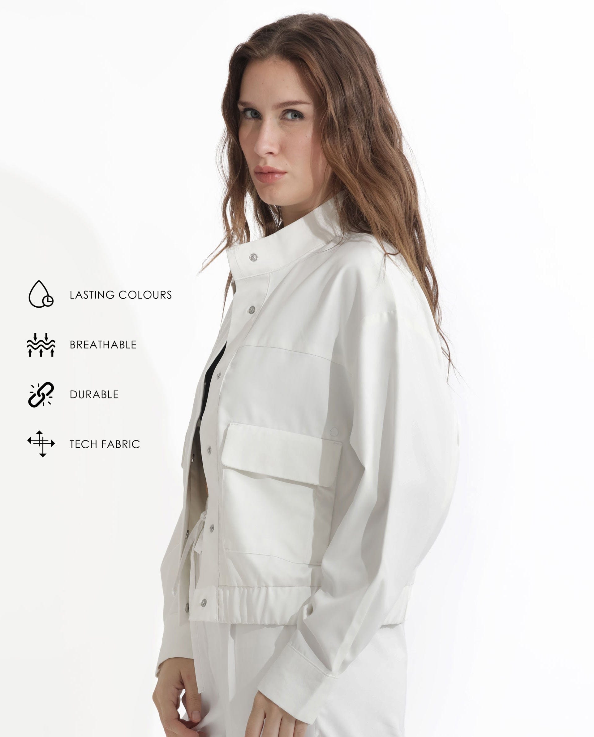 Rareism Women's Ruks Off White Polyester High Neck Plain Regular Fit Jacket