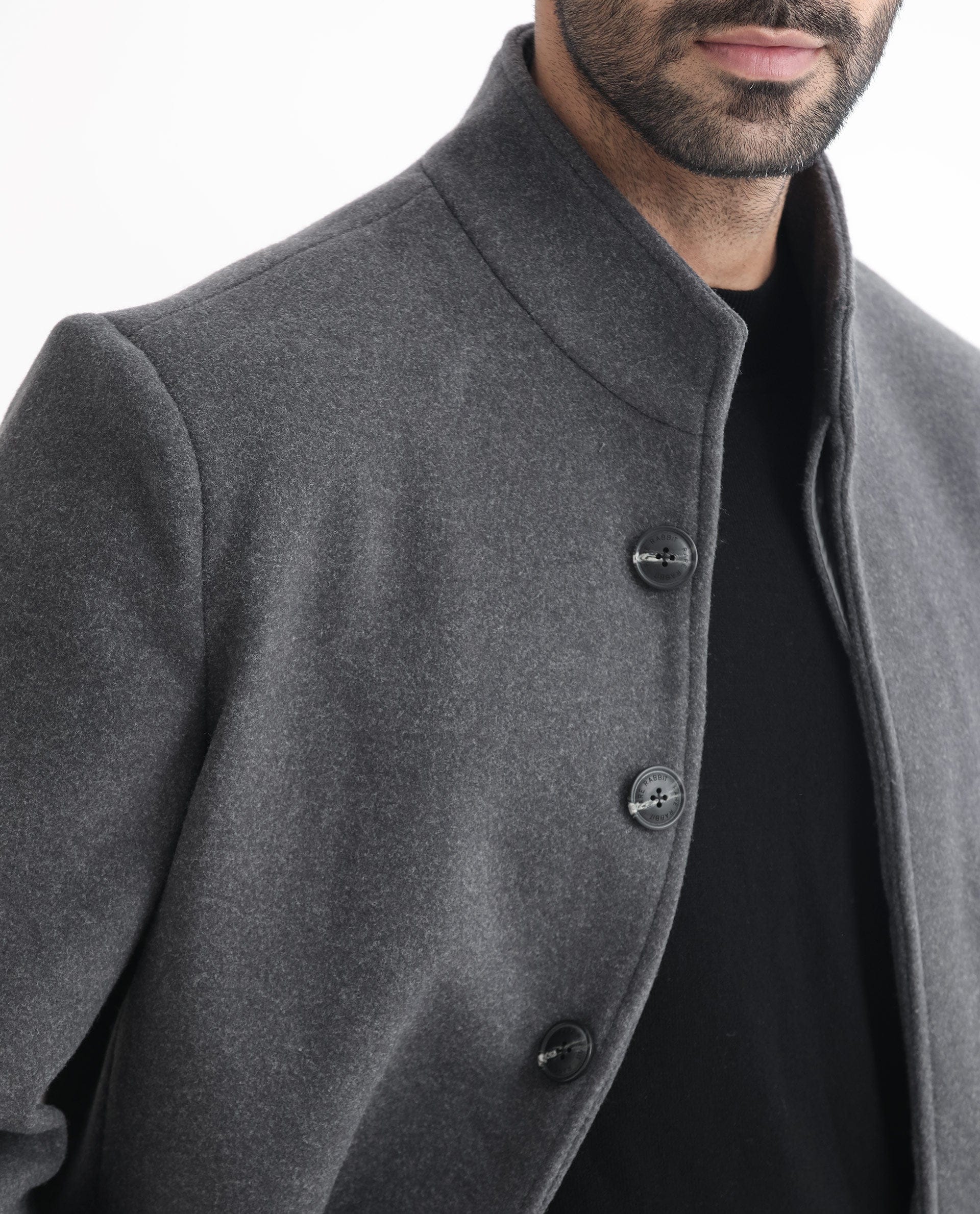 RARE Rabbit Men's Dune Grey Polyester Plain Tailored Fit Full Sleeve Mandarin Collar Coat