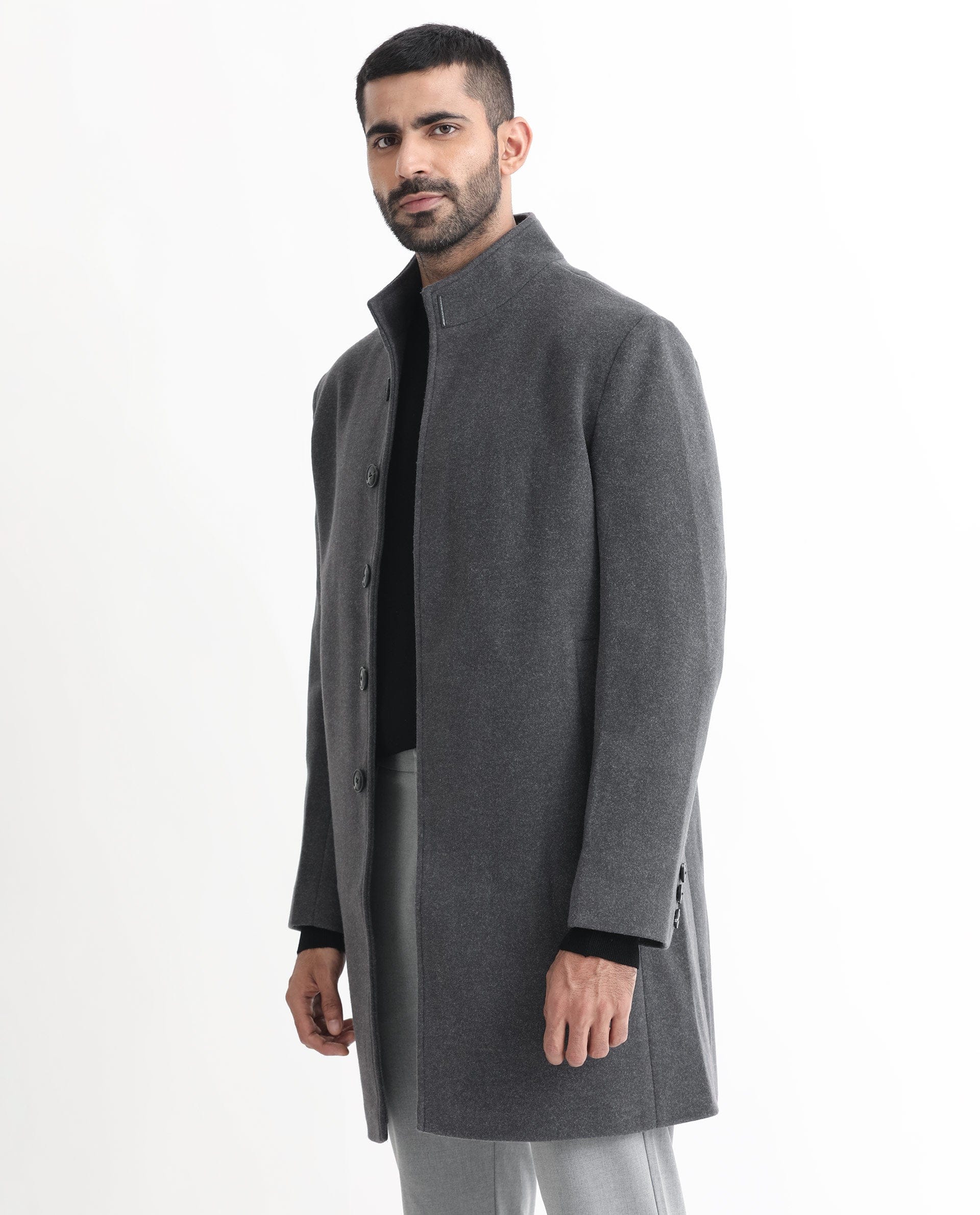 RARE Rabbit Men's Dune Grey Polyester Plain Tailored Fit Full Sleeve Mandarin Collar Coat