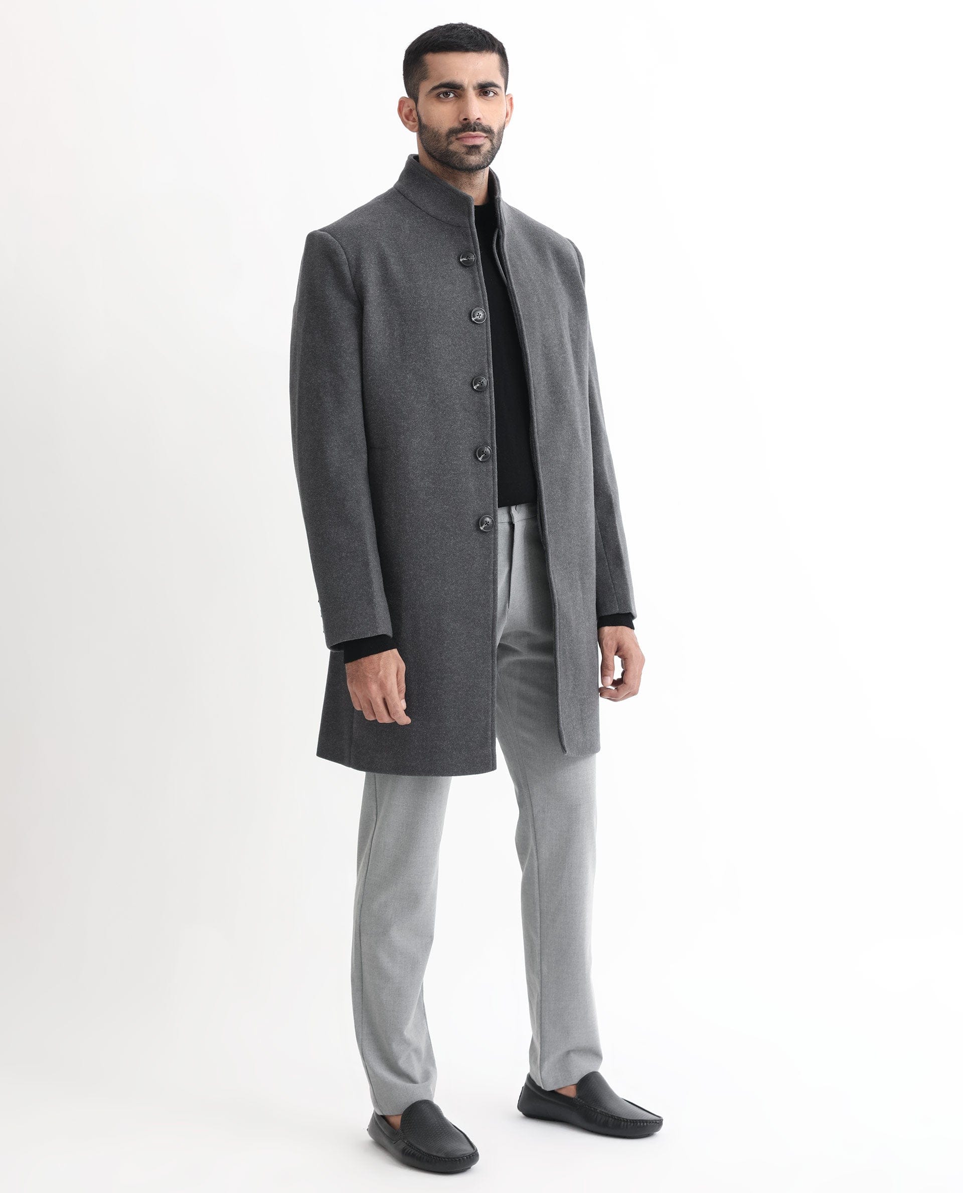RARE Rabbit Men's Dune Grey Polyester Plain Tailored Fit Full Sleeve Mandarin Collar Coat