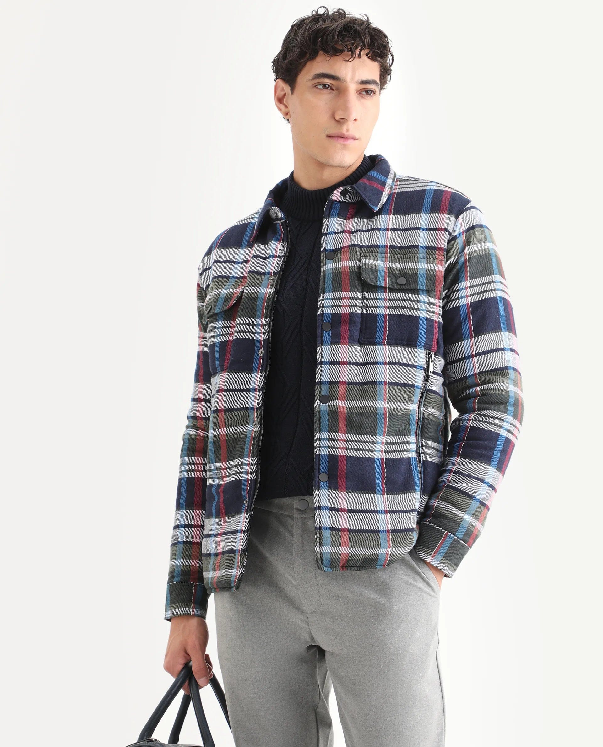 RARE Rabbit Men's Hollis Blue Cotton Checked Print Regular Fit Full Sleeve Spread Collar Jacket