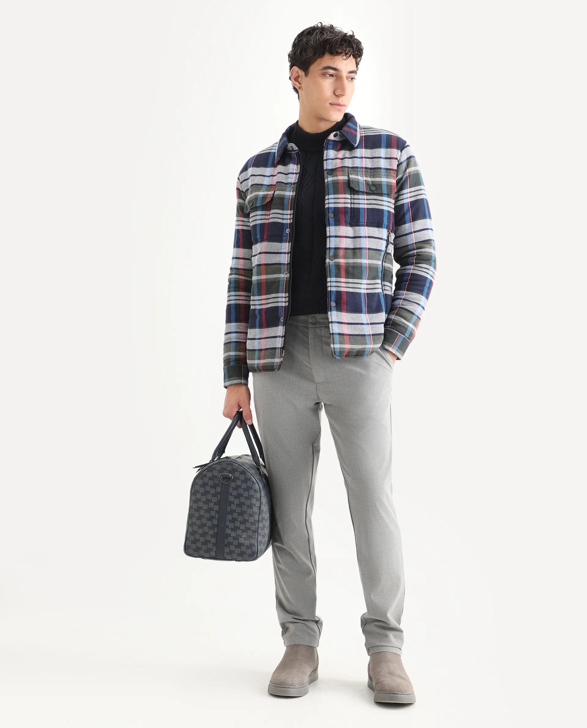 RARE Rabbit Men's Hollis Blue Cotton Checked Print Regular Fit Full Sleeve Spread Collar Jacket