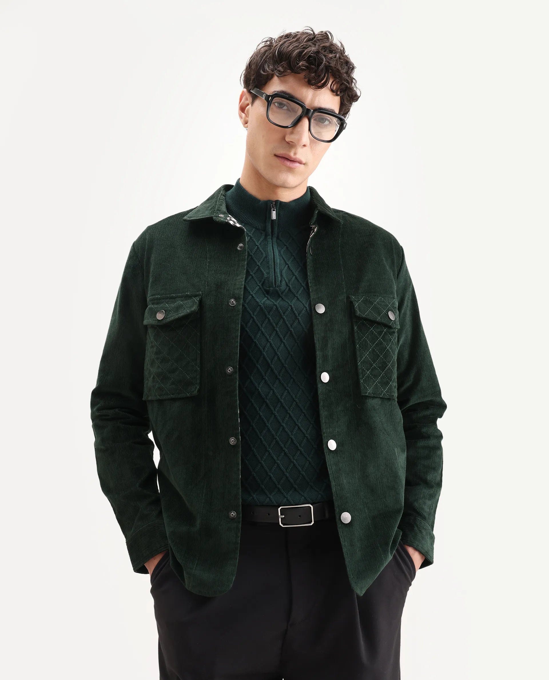RARE Rabbit Men's Upto Dark Green Cotton Plain Regular Fit Full Sleeve Spread Collar Jacket