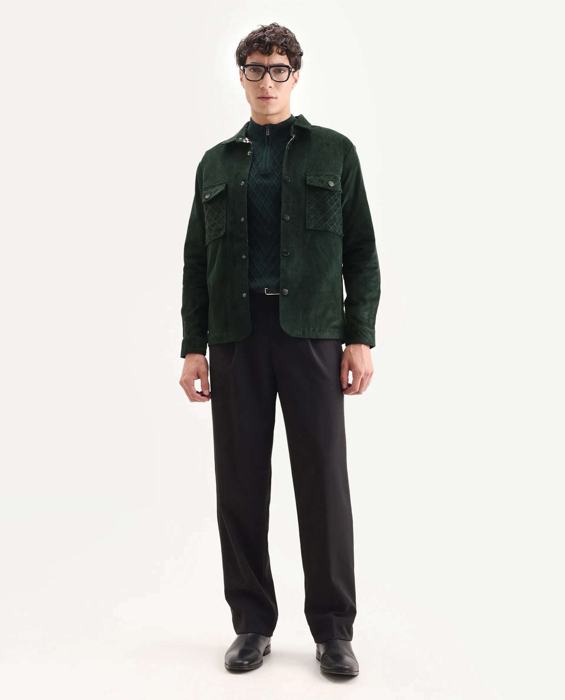 RARE Rabbit Men's Upto Dark Green Cotton Plain Regular Fit Full Sleeve Spread Collar Jacket