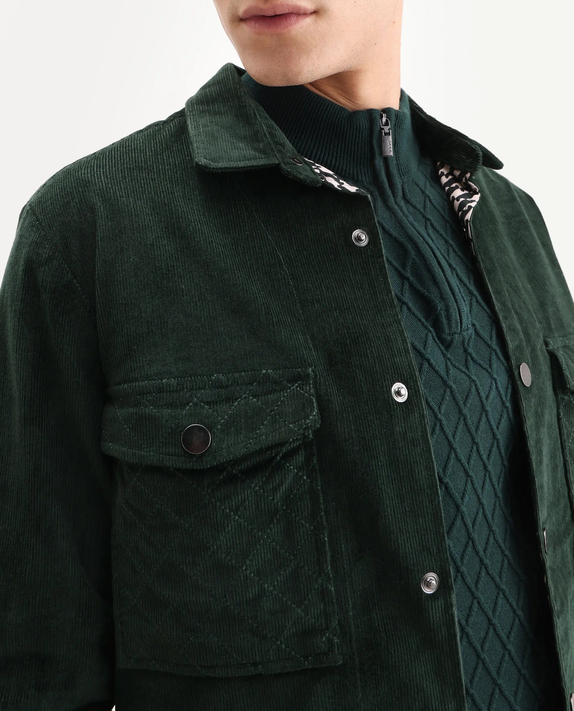 RARE Rabbit Men's Upto Dark Green Cotton Plain Regular Fit Full Sleeve Spread Collar Jacket