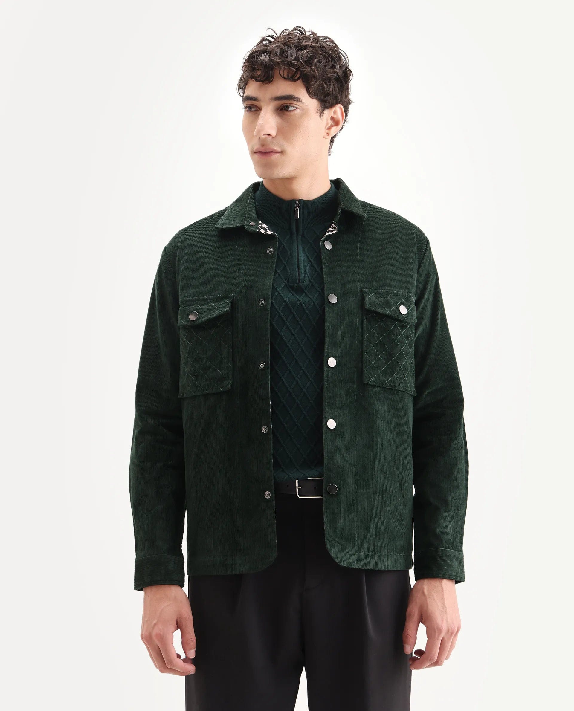 RARE Rabbit Men's Upto Dark Green Cotton Plain Regular Fit Full Sleeve Spread Collar Jacket