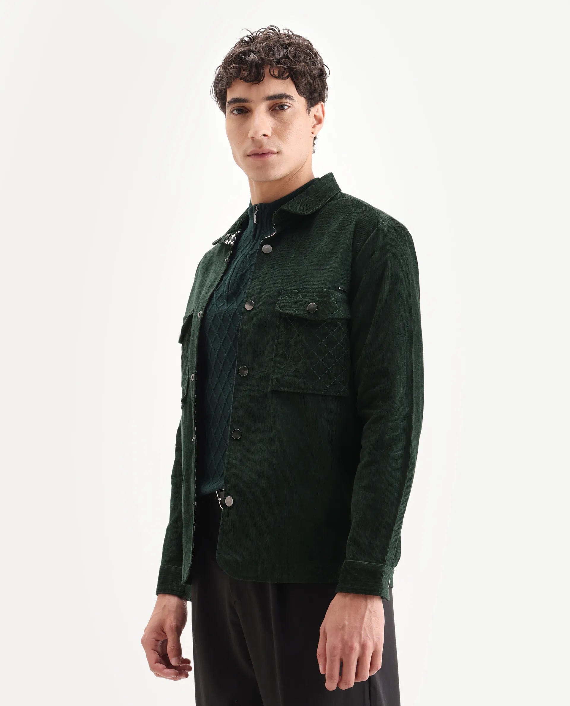 RARE Rabbit Men's Upto Dark Green Cotton Plain Regular Fit Full Sleeve Spread Collar Jacket