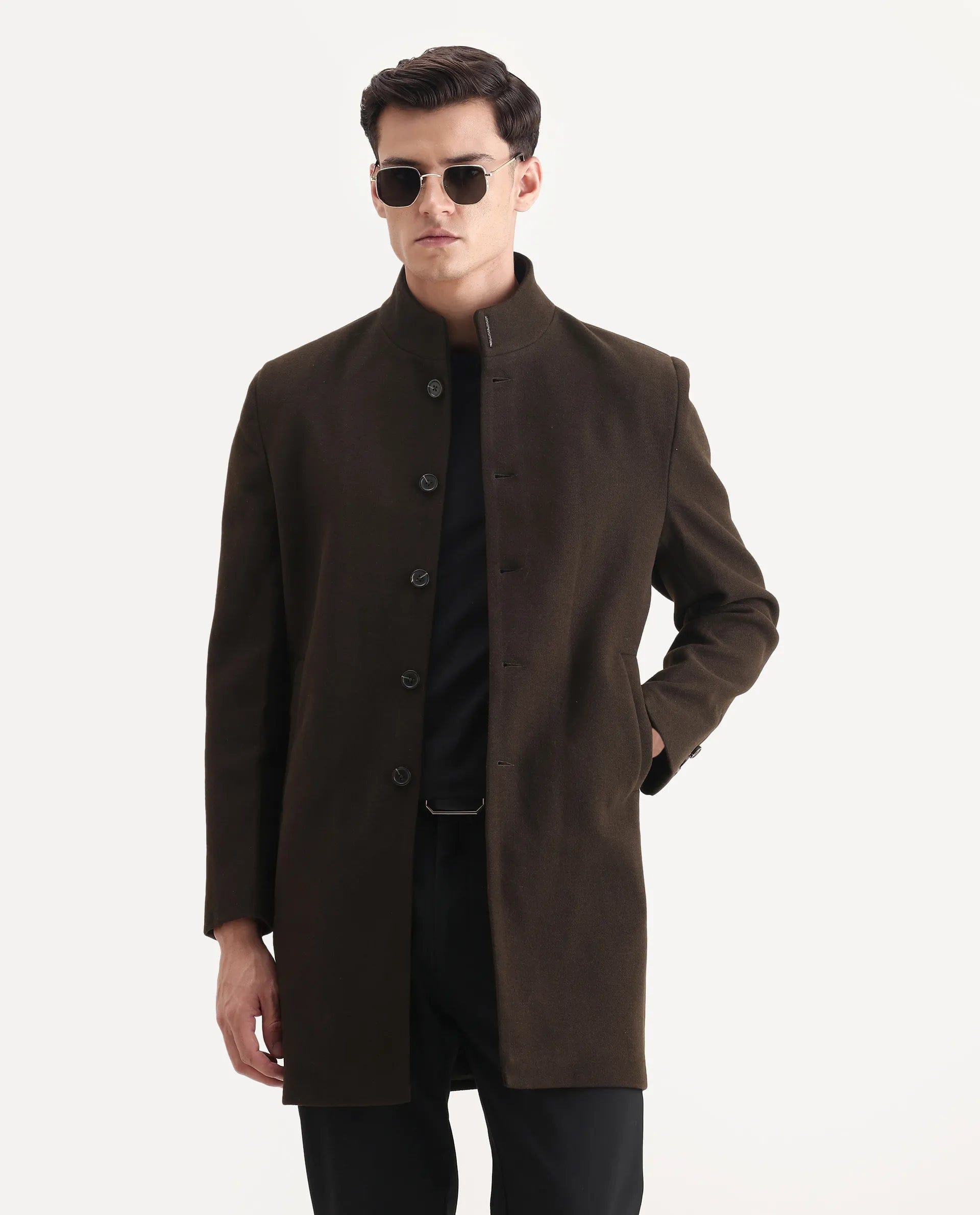 RARE Rabbit Men's Dune - 25 Olive Polyester Blend Fabric High Neck Relaxed Plain Coat