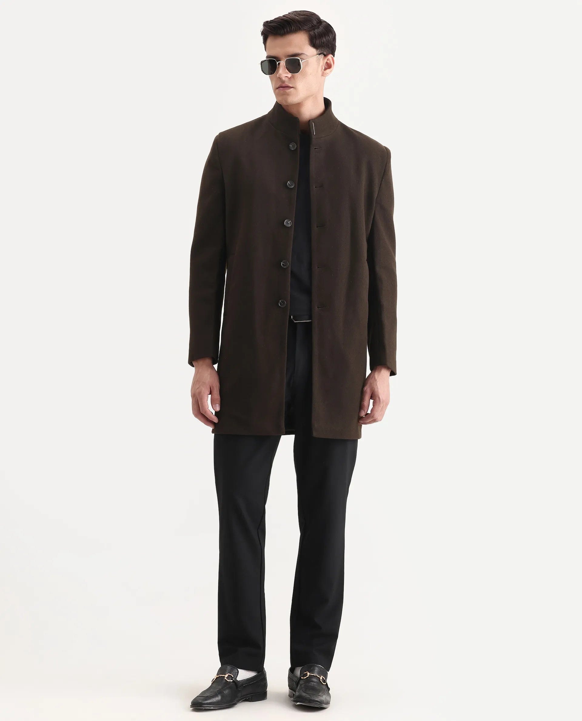 RARE Rabbit Men's Dune - 25 Olive Polyester Blend Fabric High Neck Relaxed Plain Coat