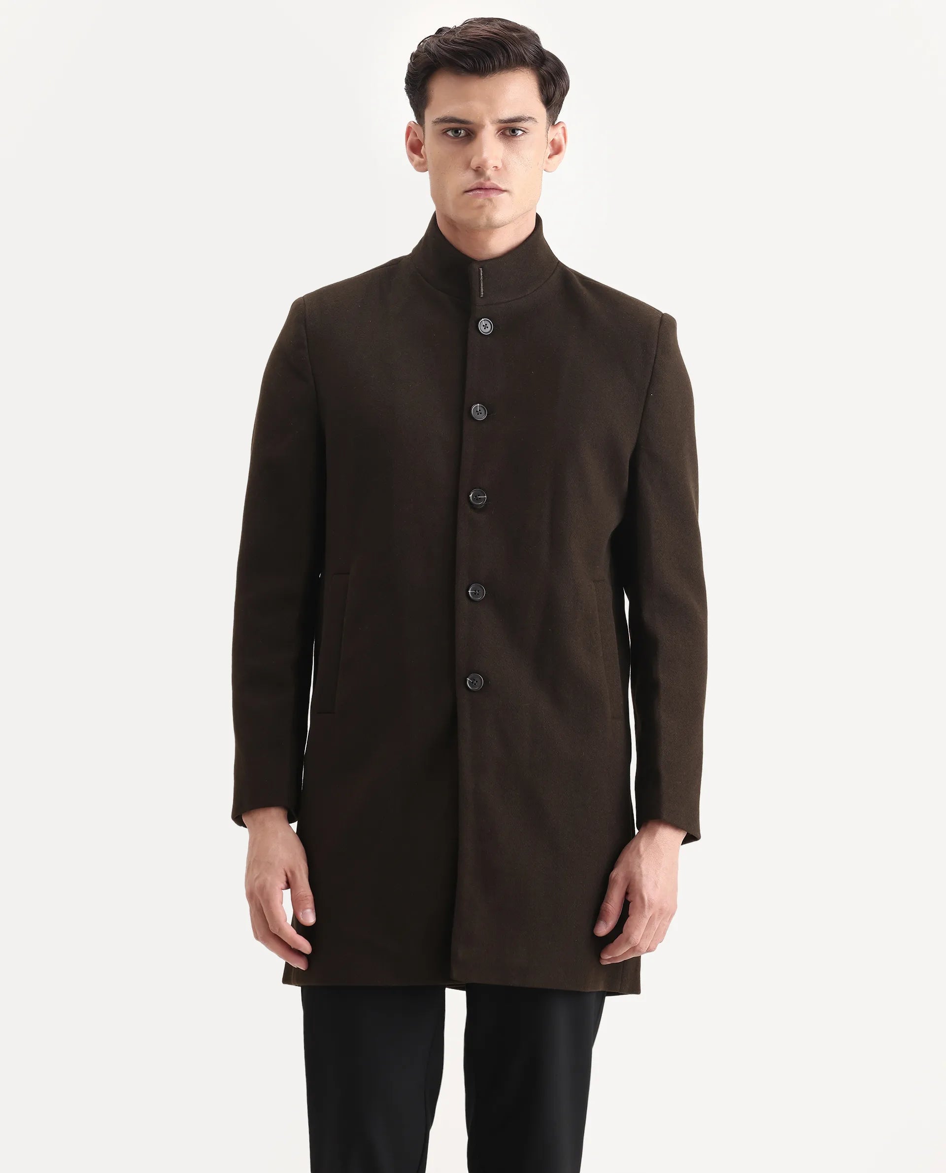 RARE Rabbit Men's Dune - 25 Olive Polyester Blend Fabric High Neck Relaxed Plain Coat
