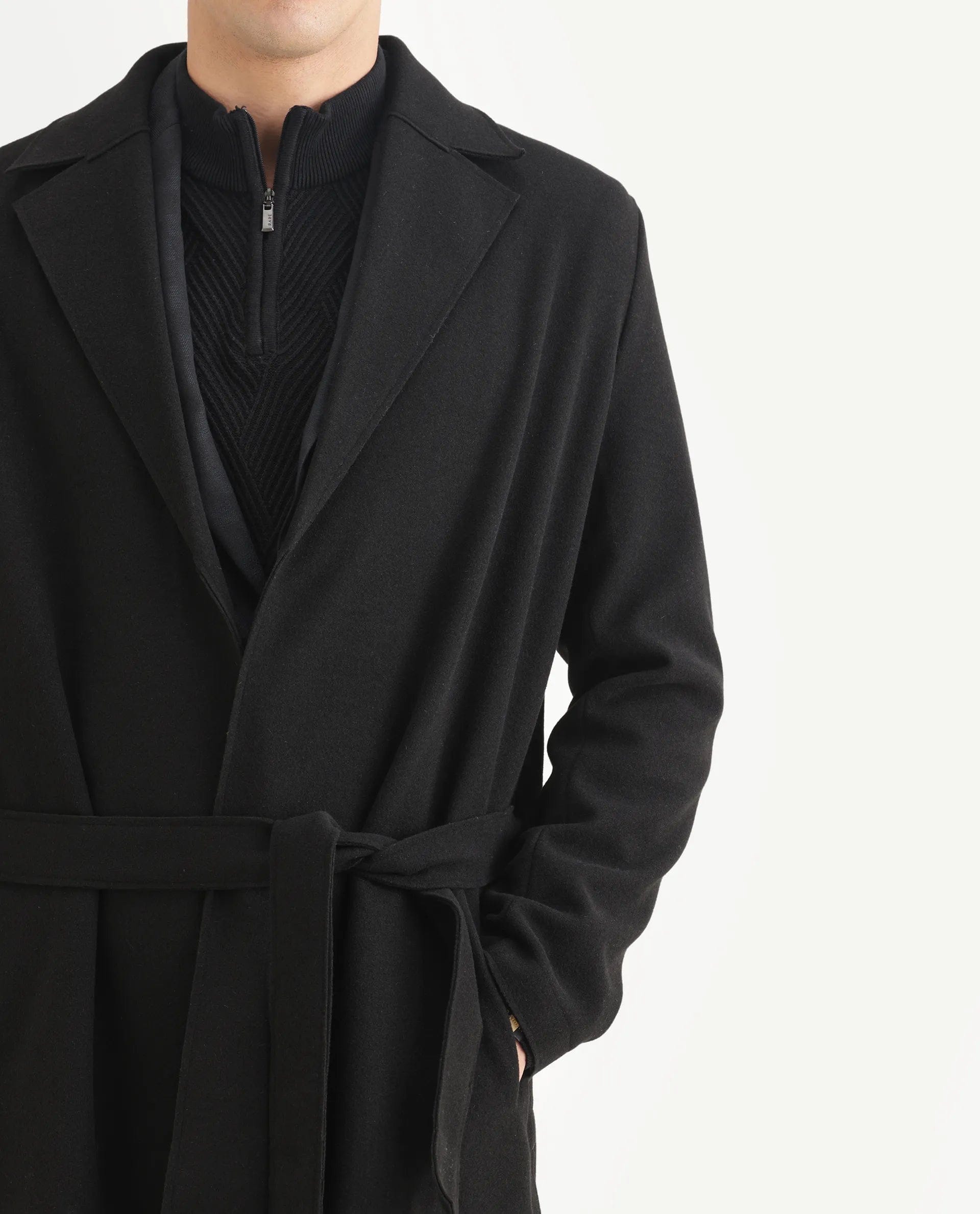 RARE Rabbit Men's Nima Black Polyester Blend Fabric Collared Neck Relaxed Plain Coat