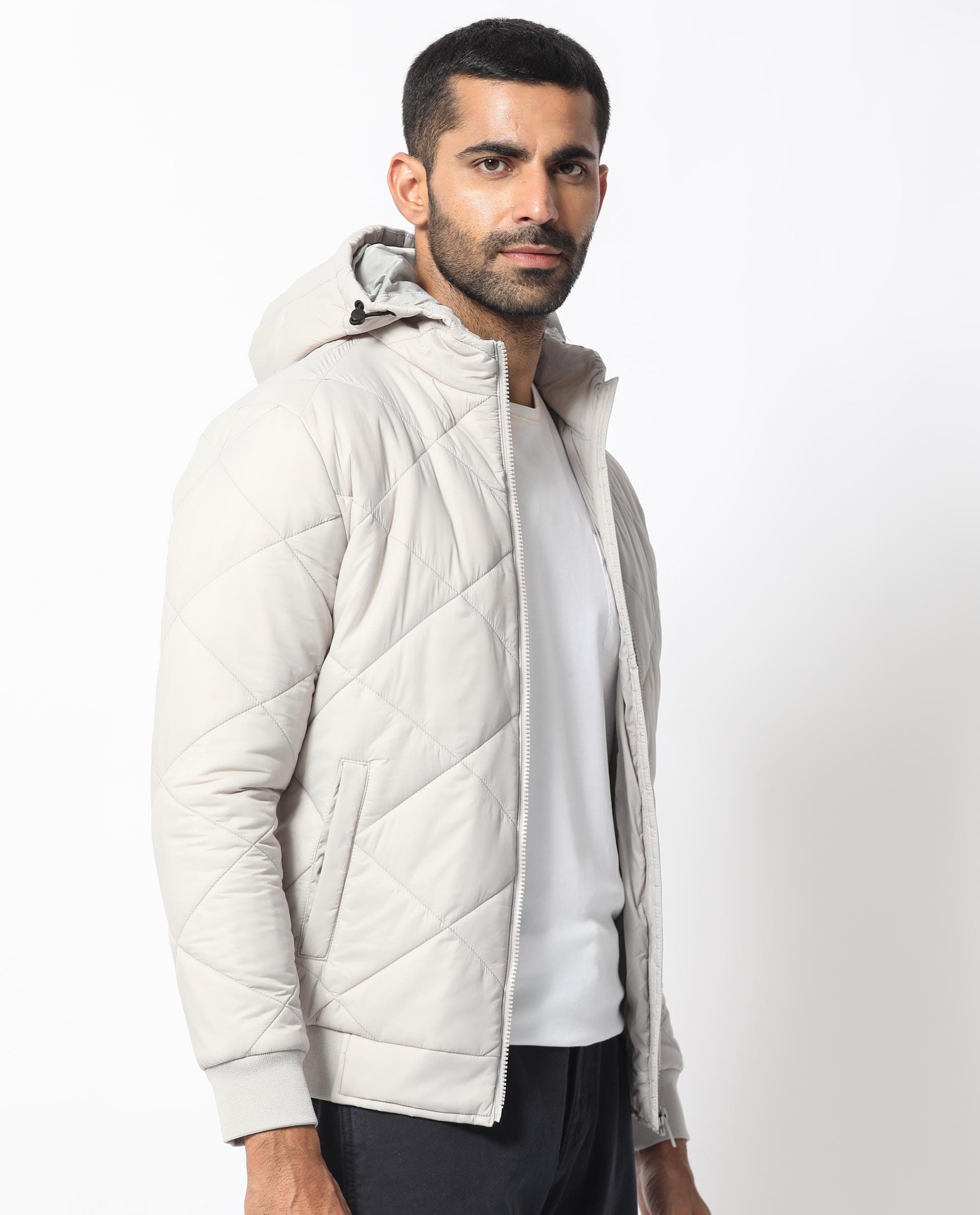 RARE Rabbit Men's Parco Light Grey Nylon Plain Regular Fit Full Sleeve Hooded Jacket