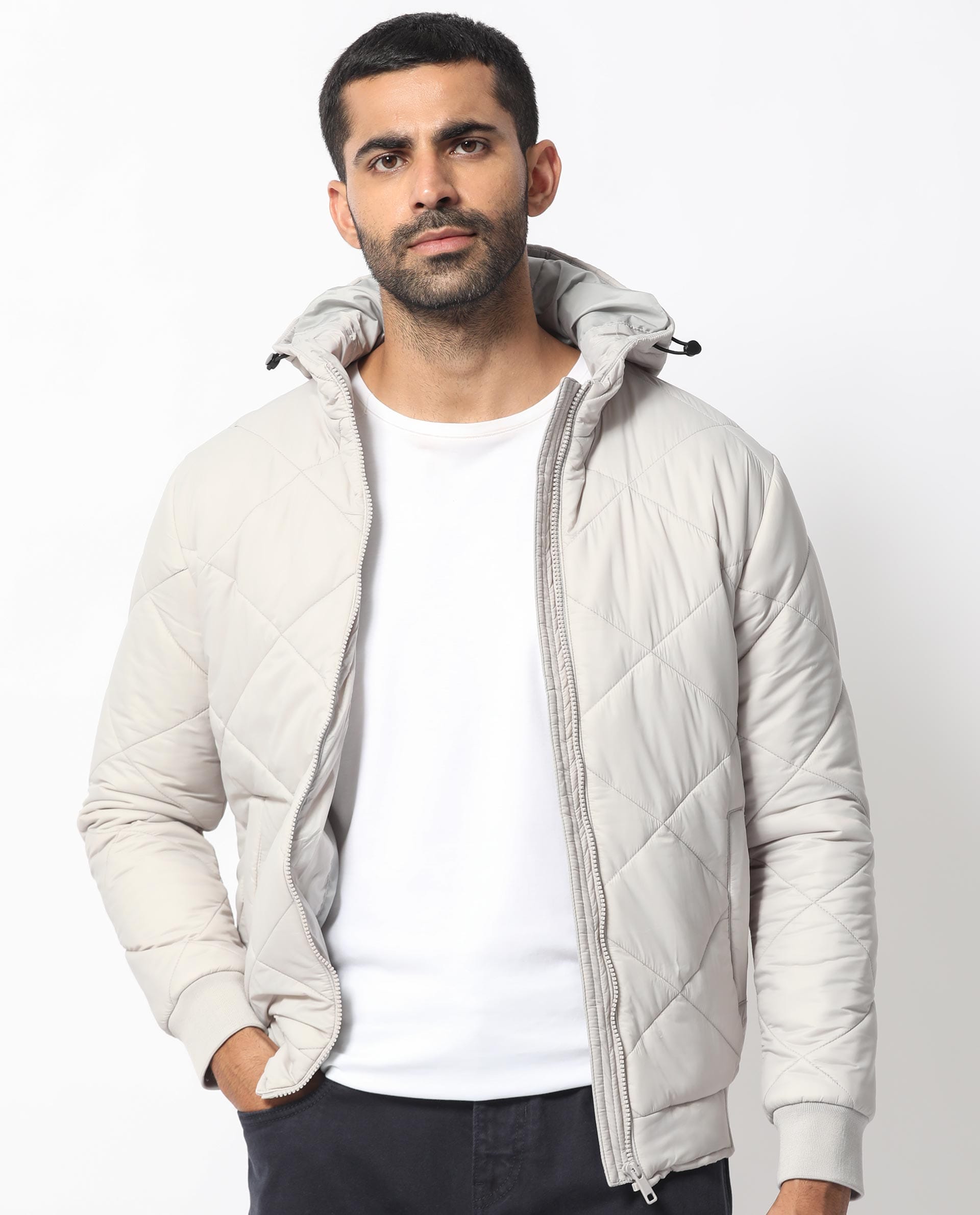 RARE Rabbit Men's Parco Light Grey Nylon Plain Regular Fit Full Sleeve Hooded Jacket