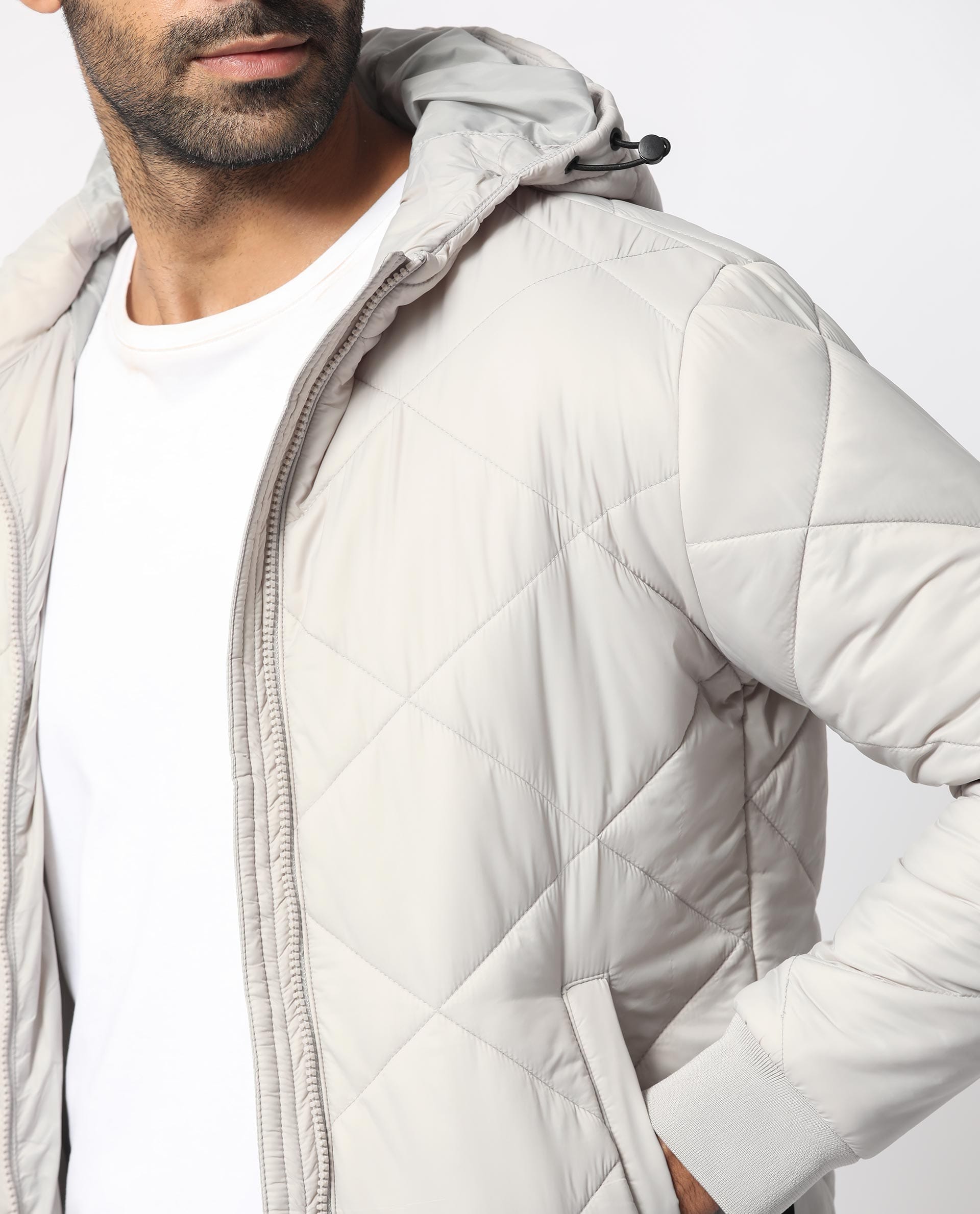 RARE Rabbit Men's Parco Light Grey Nylon Plain Regular Fit Full Sleeve Hooded Jacket