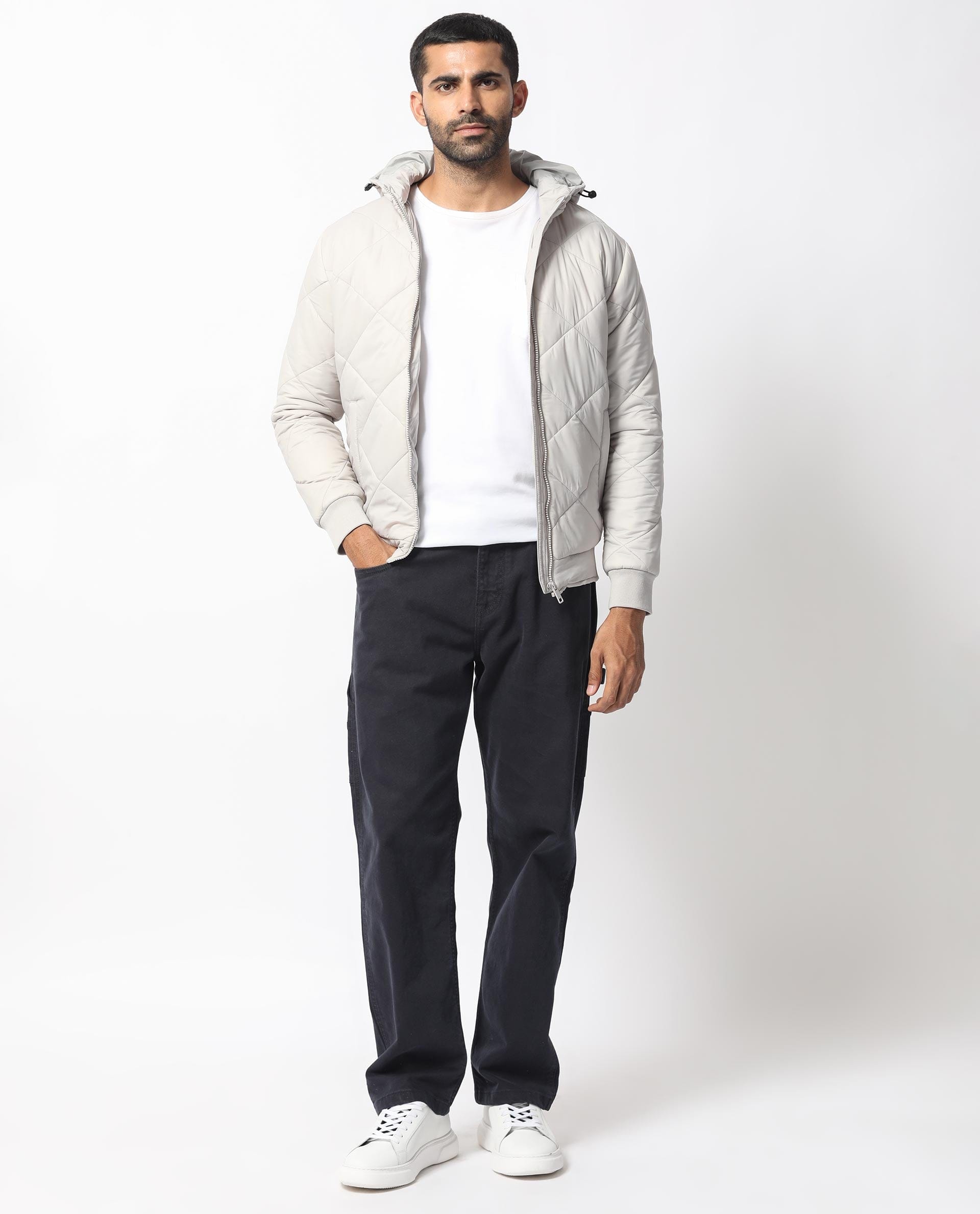 RARE Rabbit Men's Parco Light Grey Nylon Plain Regular Fit Full Sleeve Hooded Jacket