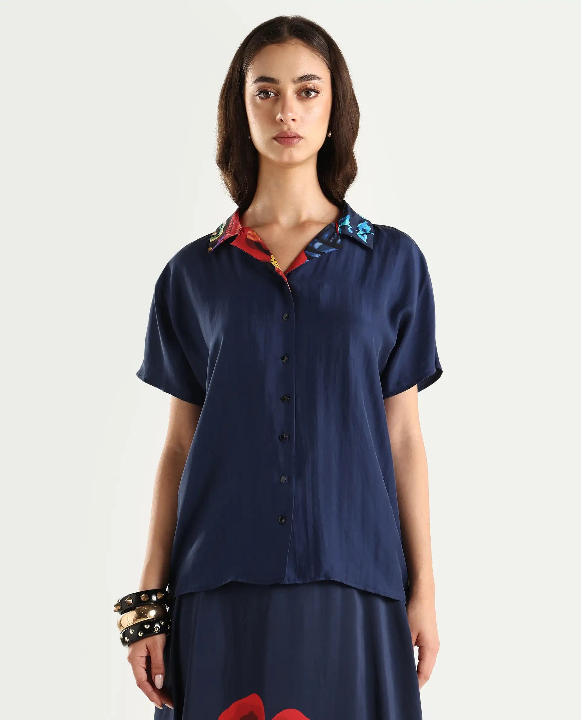 Rareism Women's Bezfa - T Navy Silk Half Sleeve Relaxed Fit Plain Shirt