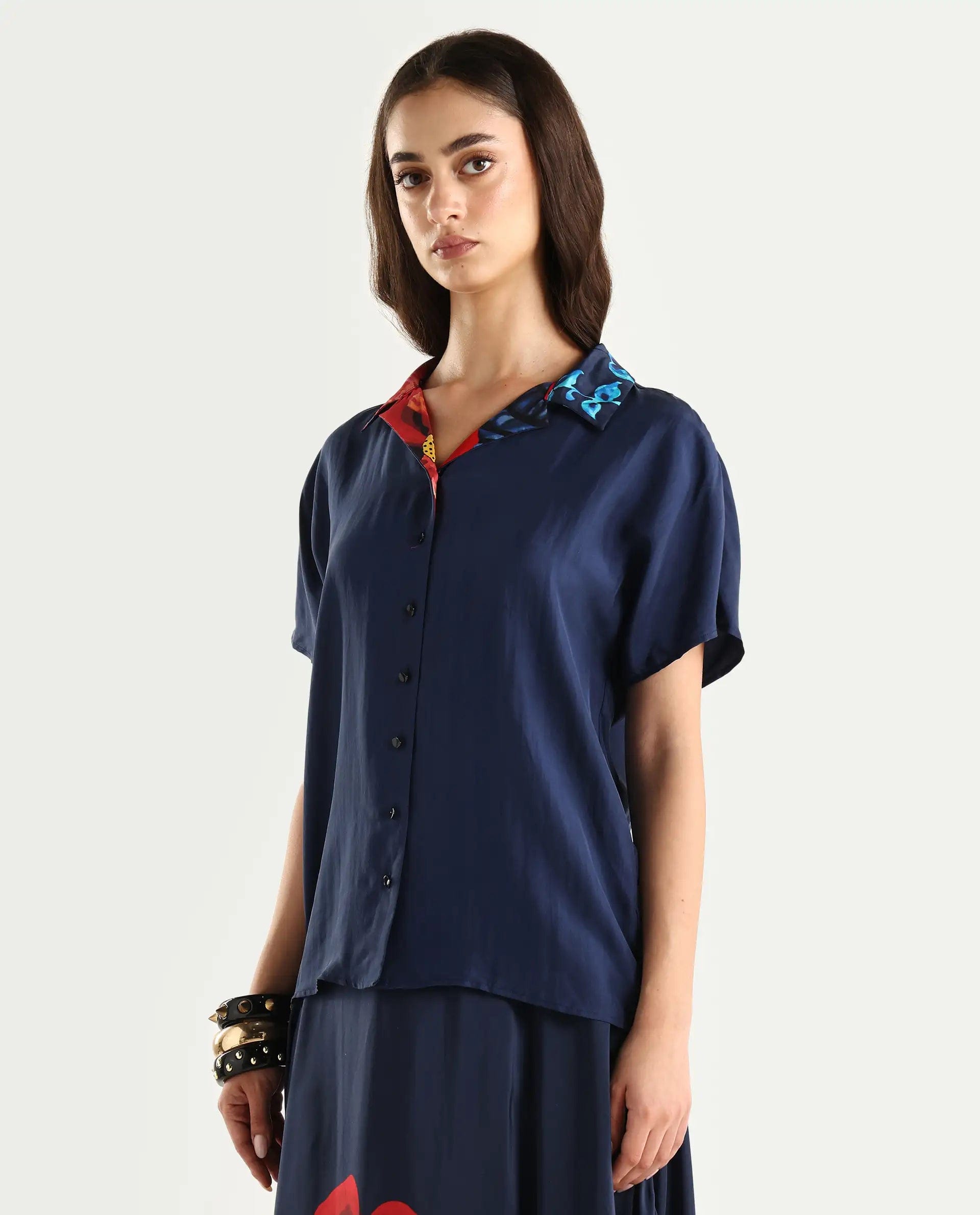 Rareism Women's Bezfa - T Navy Silk Half Sleeve Relaxed Fit Plain Shirt