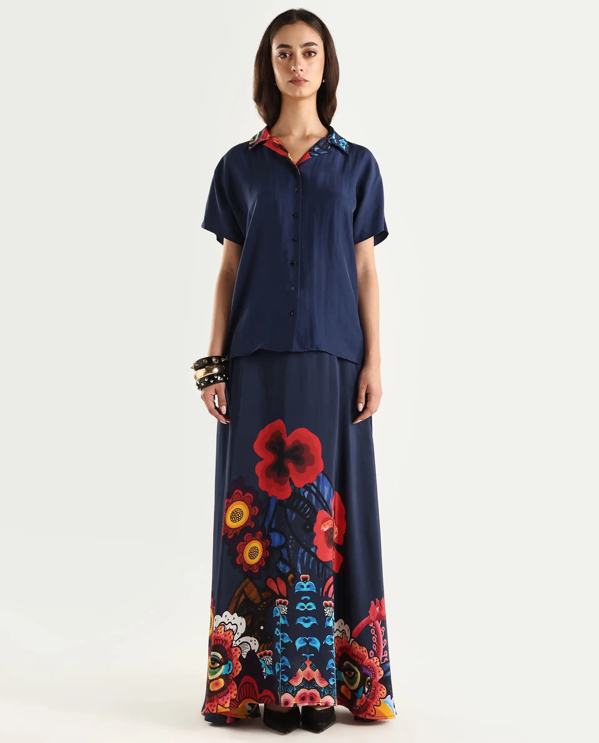 Rareism Women's Bezfa - T Navy Silk Half Sleeve Relaxed Fit Plain Shirt