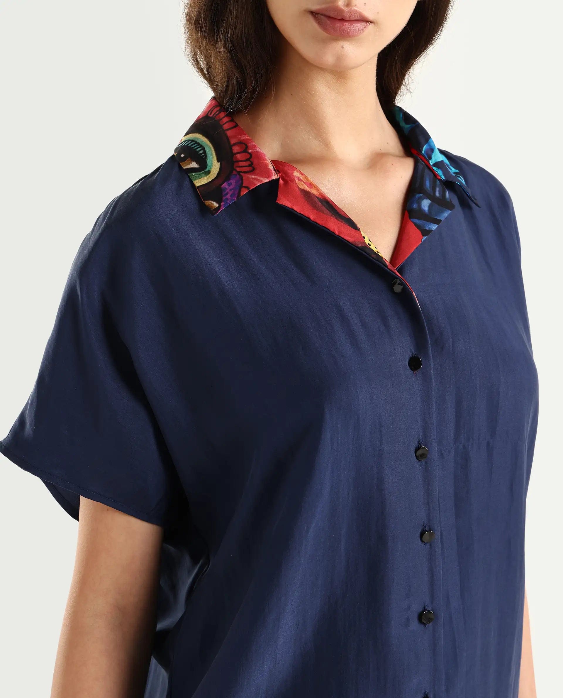 Rareism Women's Bezfa - T Navy Silk Half Sleeve Relaxed Fit Plain Shirt
